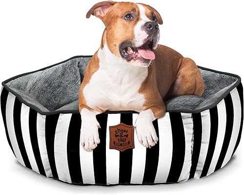 Miniatura 4 de Cama para perro de forro polar suave y lona estampada con parte inferior antideslizante y lavable a máquina, rayas blancas y negras
