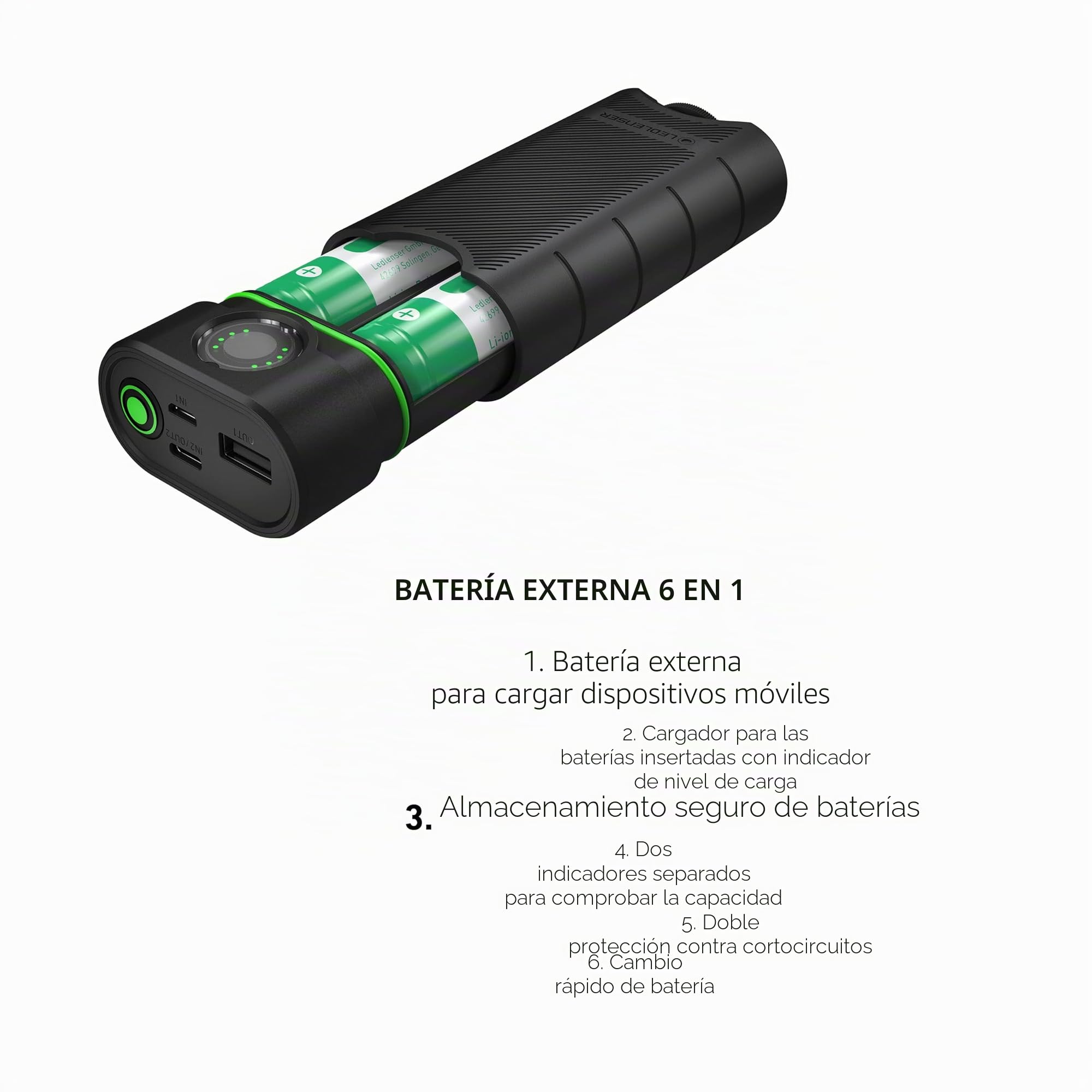 Ledlenser FLEX10 Powerbank y Cargador de Baterías 9000mAh, USB-C | 12 × 5,4cm, 235g, 2 baterías extraíbles, protección contra cortocircuitos, IP65
