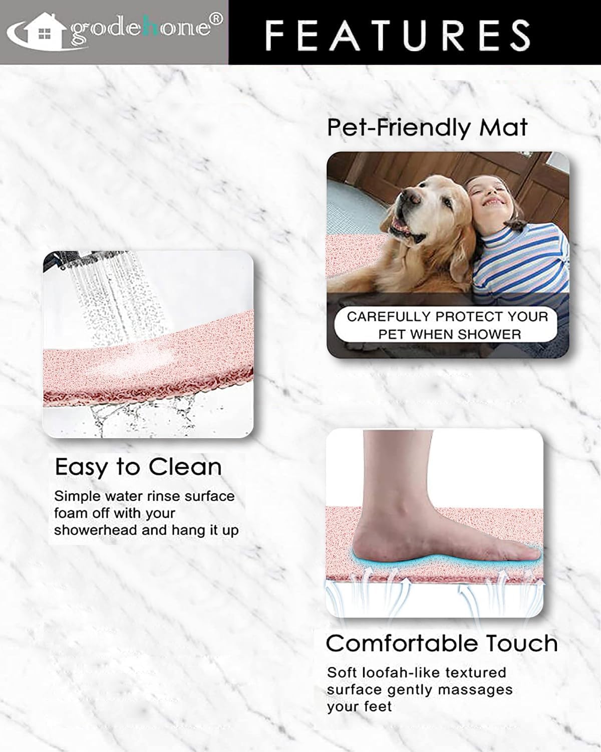 godehone Shower Mats Non Slip Without Suction Cups, PVC Loofah Bathroom Mats, Loofah Mats for Shower and Bathroom, Quick Drying, 15.7× 36 Inch, Pink - Image 3