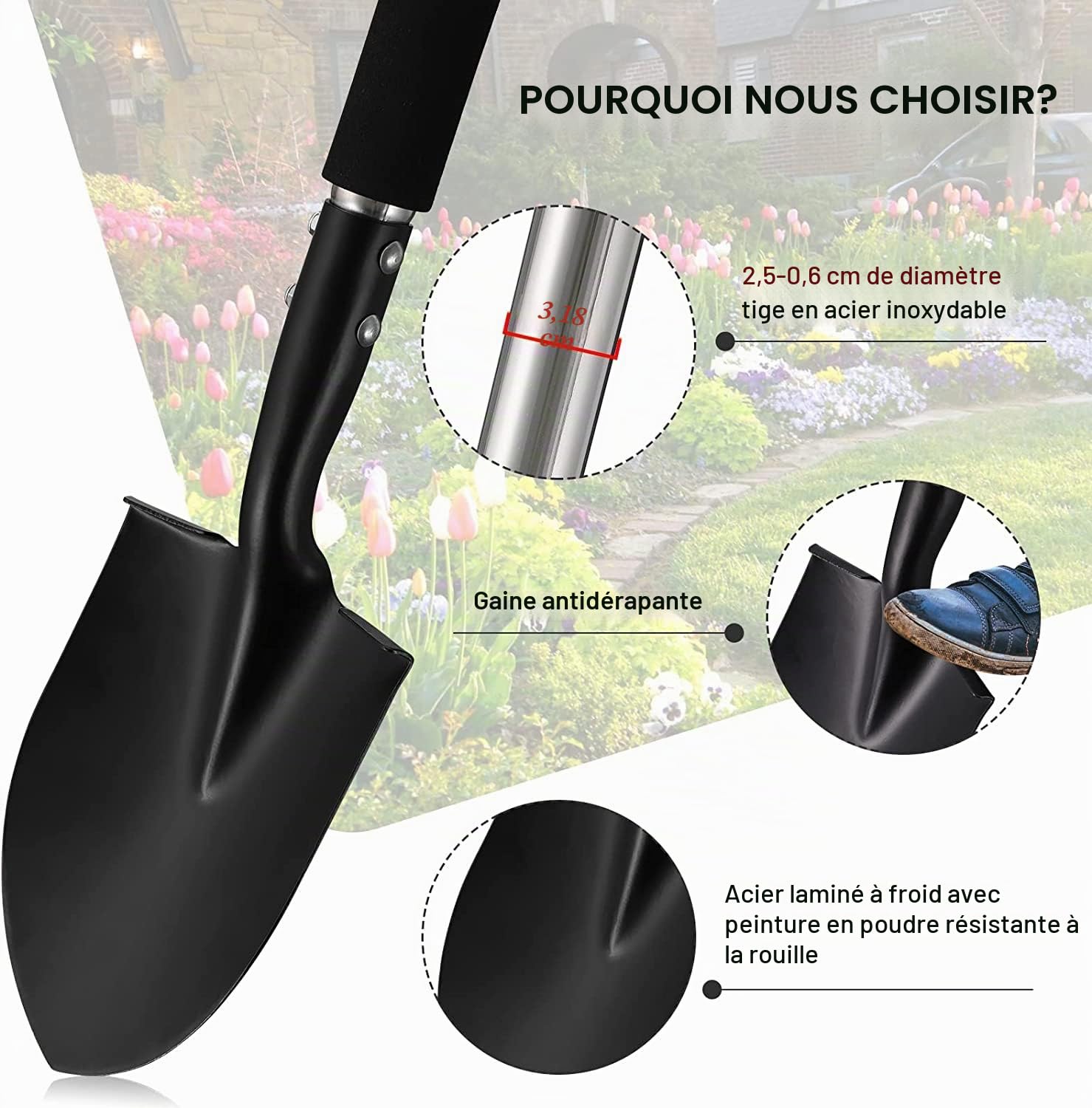 Pelles pour Creuser, 78cm Bêche de Jardin en Acier avec Poignée en D - Pelles pour Creuser en Sols Durs et Caillouteux pour Camping Car Gardening/Argent