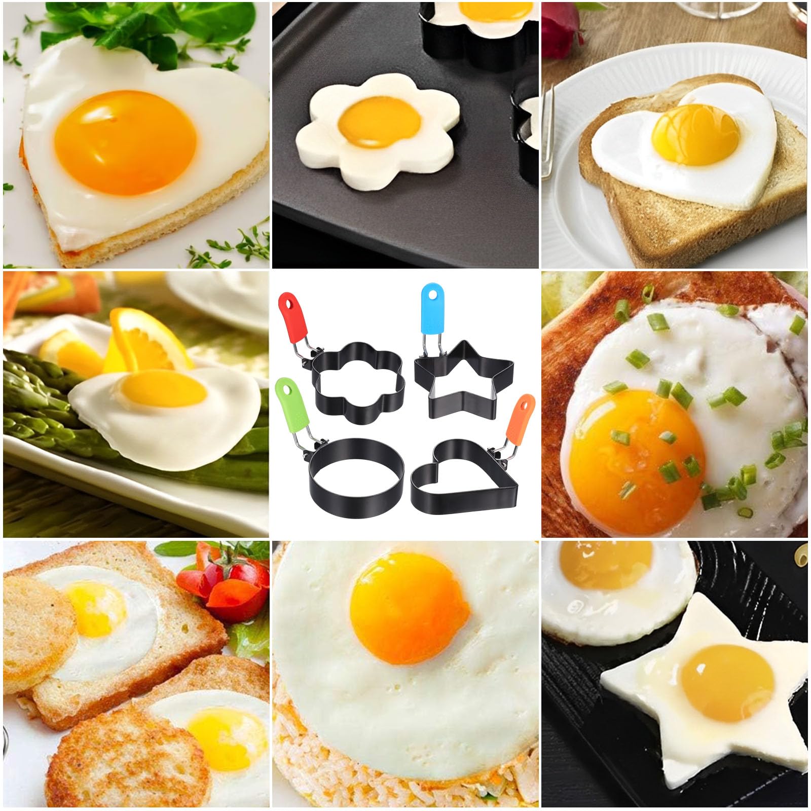 4 sztuki foremek do jajek sadzonych, do smażenia na patelni, do omletów ze stali nierdzewnej, do jajek sadzonych, nieprzywierających, z uchwytem, do omletów, naleśników + 2 szczotki do oleju