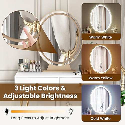 Miniatura 3 de COSTWAY Escritorio de tocador con espejo y luces, juego de tocador de maquillaje con 3 modos de iluminación de color y brillo ajustable, espejo de
