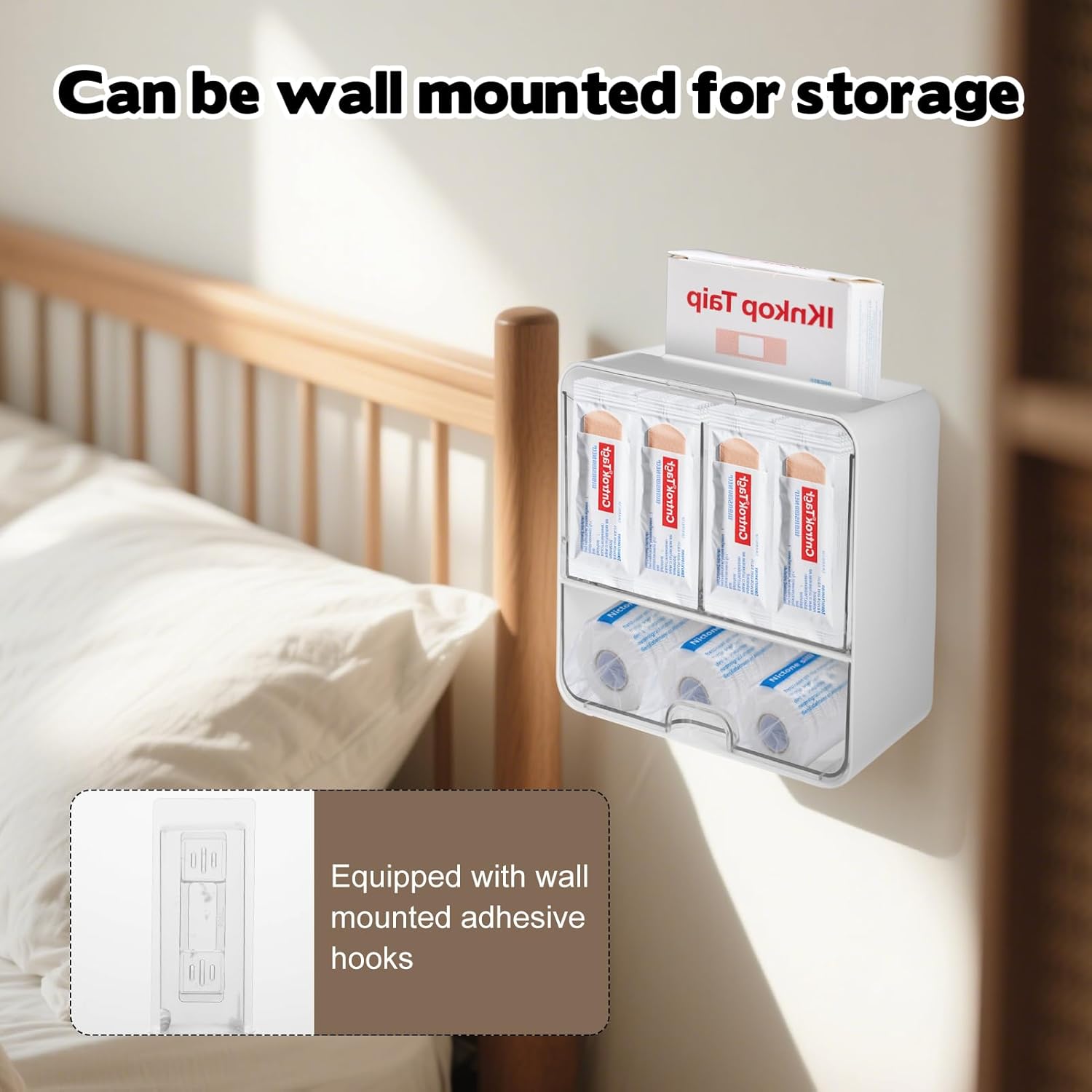YEXEXINM 2 PCS Bandages Storage Organizer for Wall Large Bandage Organizer with Lid 3-Compartment Plastic Bandaid Storage Container for Home Medicine Cabinet, Elastic Bandage Wrap, Cotton Swab