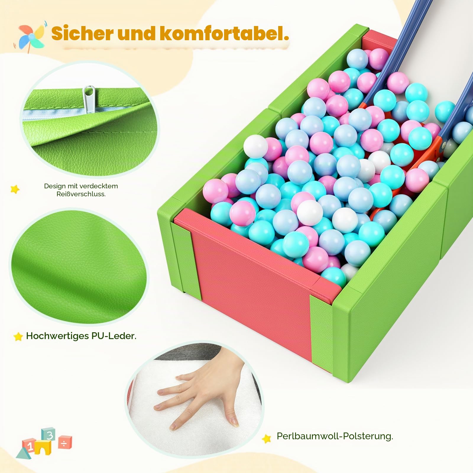 Bällebad Baby 90x56x30cm, Schaumstoff Spielbecken mit PU-Leder, Versteckter Reißverschluss, Waschbar, Abwaschbar, Sicher für Kinder, Faltbar