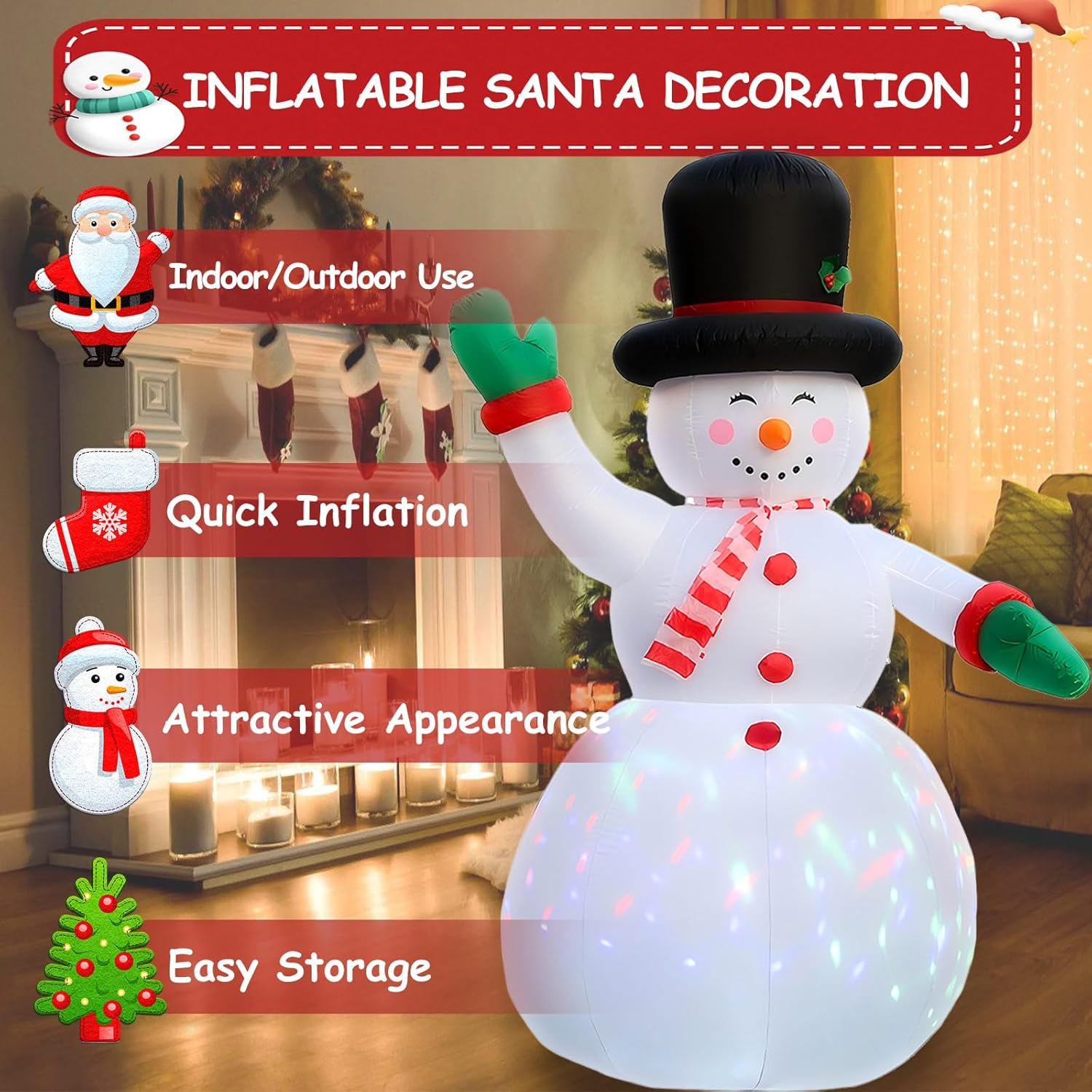 8FT Blow-Up Smiling Snowman with a Friendly Raised Hand, Large Inflatable Outdoor Christmas Decor IP44, Inflatable Snowman with Built-in 2 LEDs & Colorful Flashing Lights, for Yard/Party/Xmas Gift - Image 5
