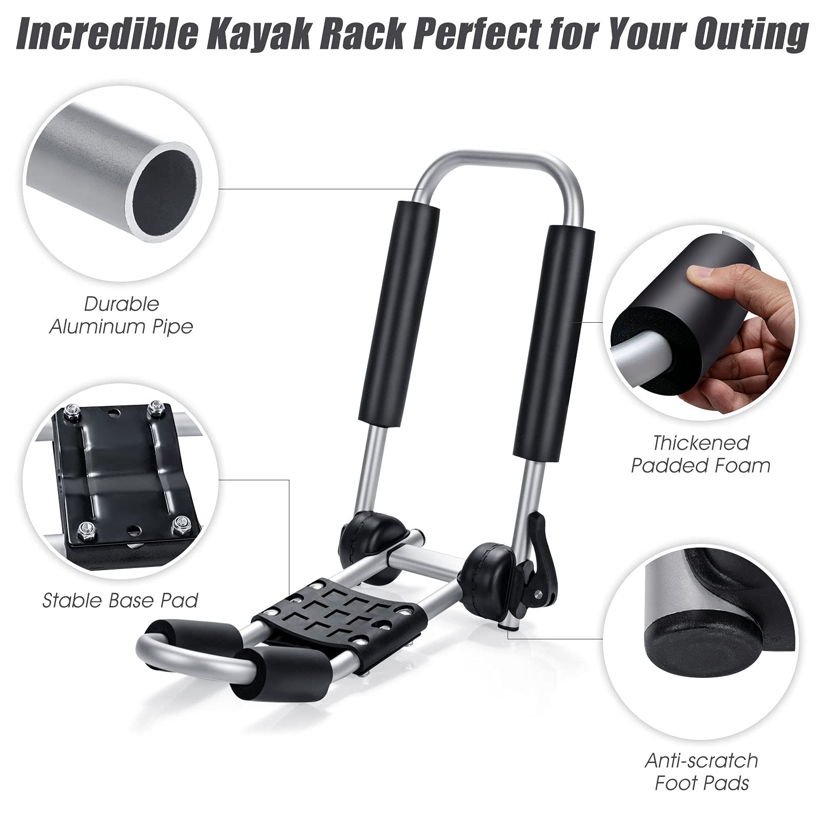 GYMAX 2Pcs J-Bar Kayak Roof Rack, Universal Foldable Kayak Carrier for Kayak, Canoe, Surf Board, Ski Board, Rooftop Mount on SUV, Car and Truck Crossbar (One Side)