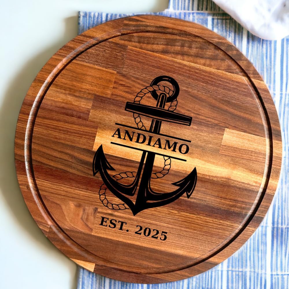 Engraved nautical cutting board anchor - Boating gifts for couple - Personalized boat themed gifts for sailor