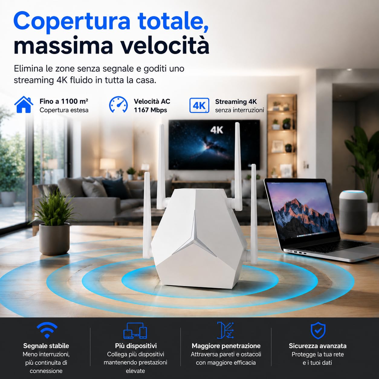 Ripetitore WiFi 1200 Mbps Doppia Banda, Range Extender WiFi 3 in 1 Repeater/AP/Router con Porte Ethernet e Indicatore LED