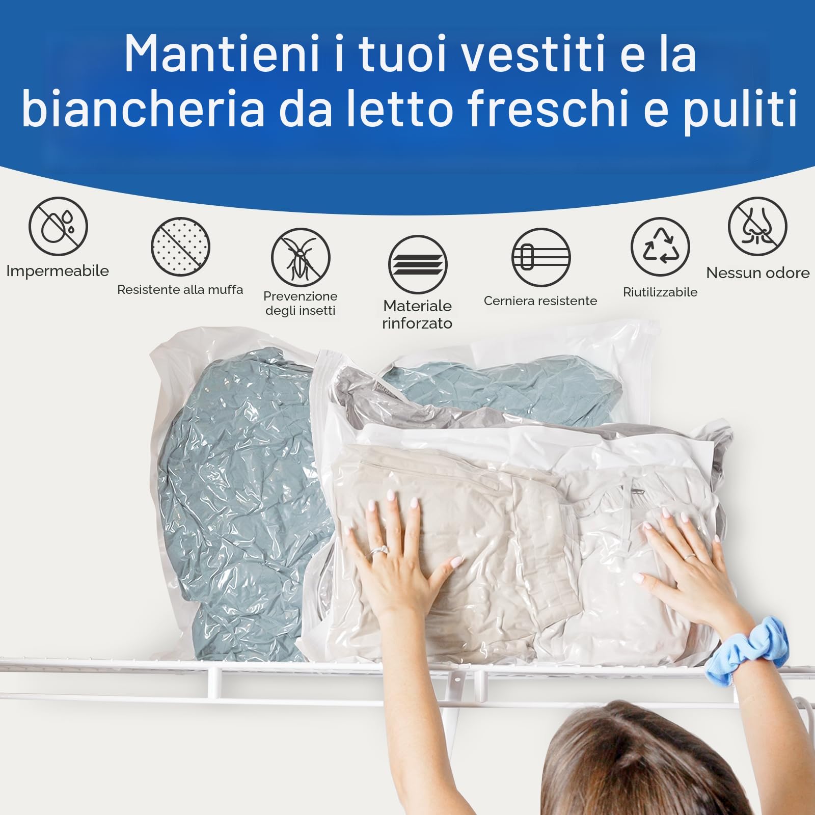 Sacchetti Sottovuoto Vestiti con Pompa Elettrica, Confezione da 8 (4 grandi, 2 medi, 2 piccoli), Buste Sottovuoto Vestiti per Coperte, Piumino, Cuscini, Trapunte, Viaggi, Traslochi