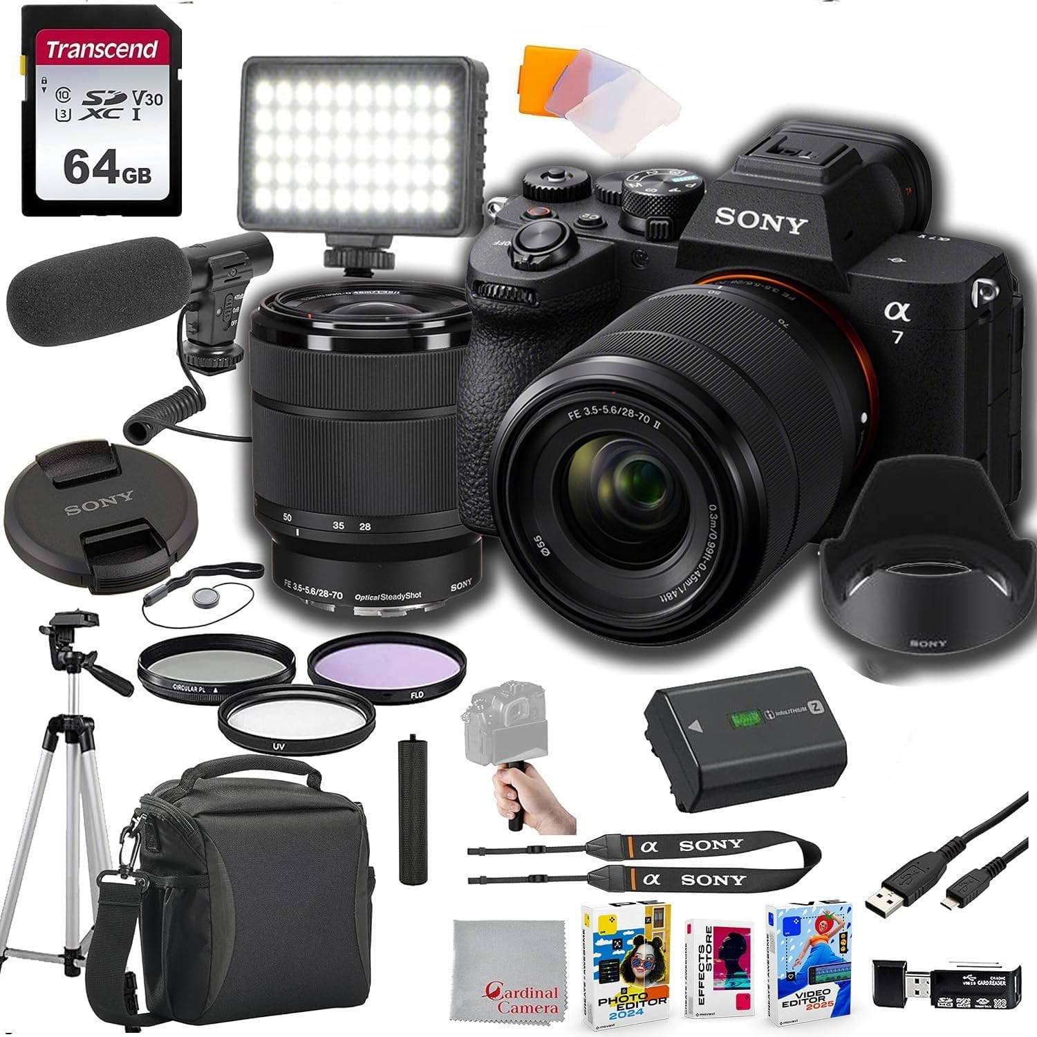 Sony a7 V Mirrorless Digital Camera 33MP w/ 28-70mm Lens ILCE-7M5M/B, 64GB Memory, Video Microphone, LED Video Light, Case, Tripod, Filters, Hood, Grip, & Video & Photo Editing Software Kit