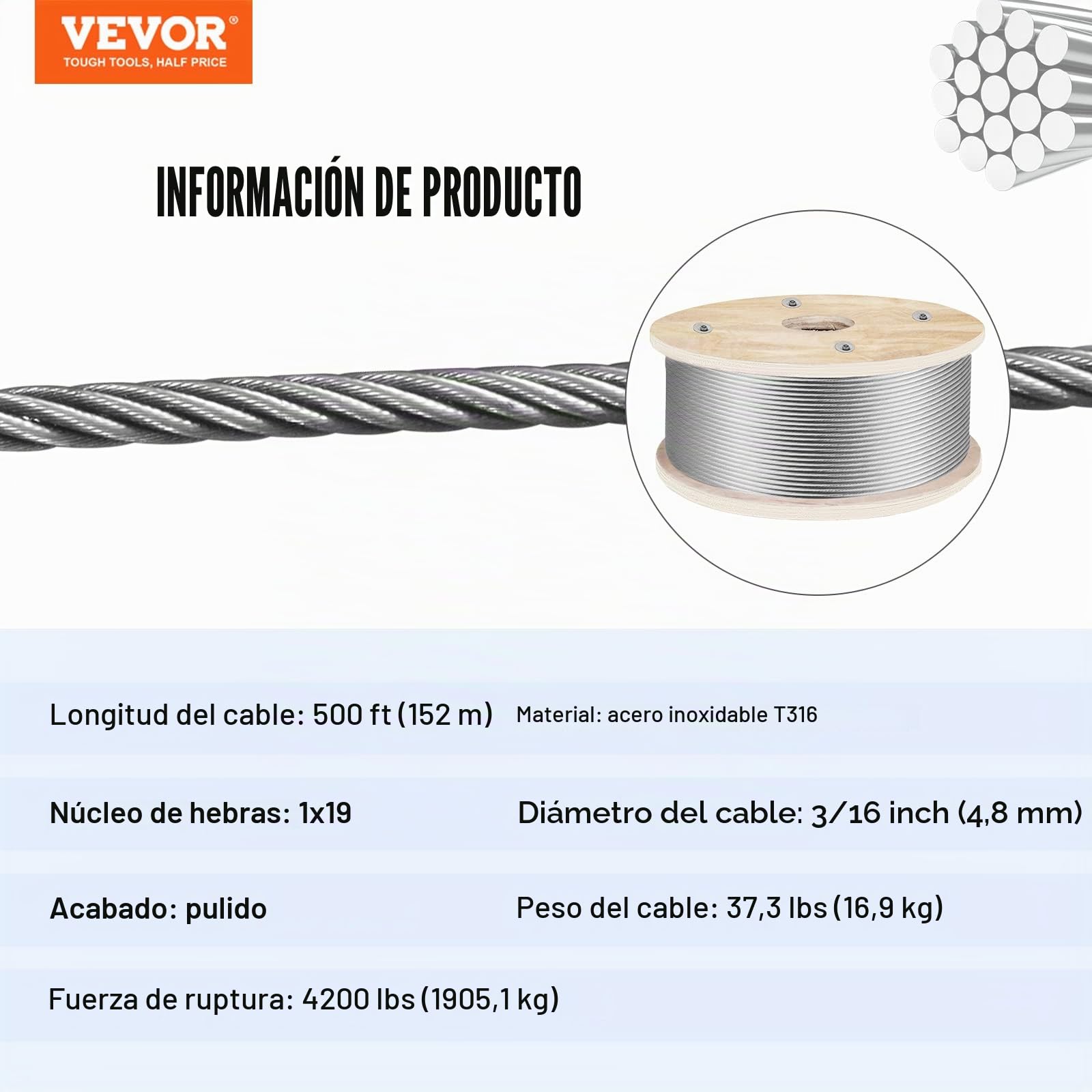 VEVOR Cable de alambre de 152 m x 4,8 mm, 1 x 19 construcción, acero inoxidable T316, superficie pulida, cable de alambre de 1905,1 kg, resistencia a la rotura, cuerda de acero inoxidable para