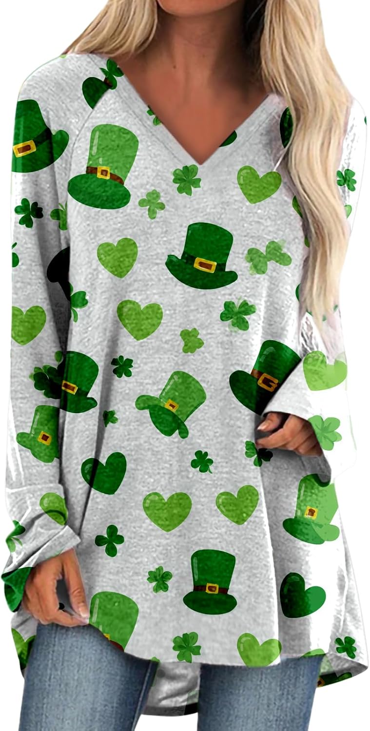 St. Patrick's Day Outfit for Women Green Shamrock Graphic V Neck Long Sleeve Tops L...