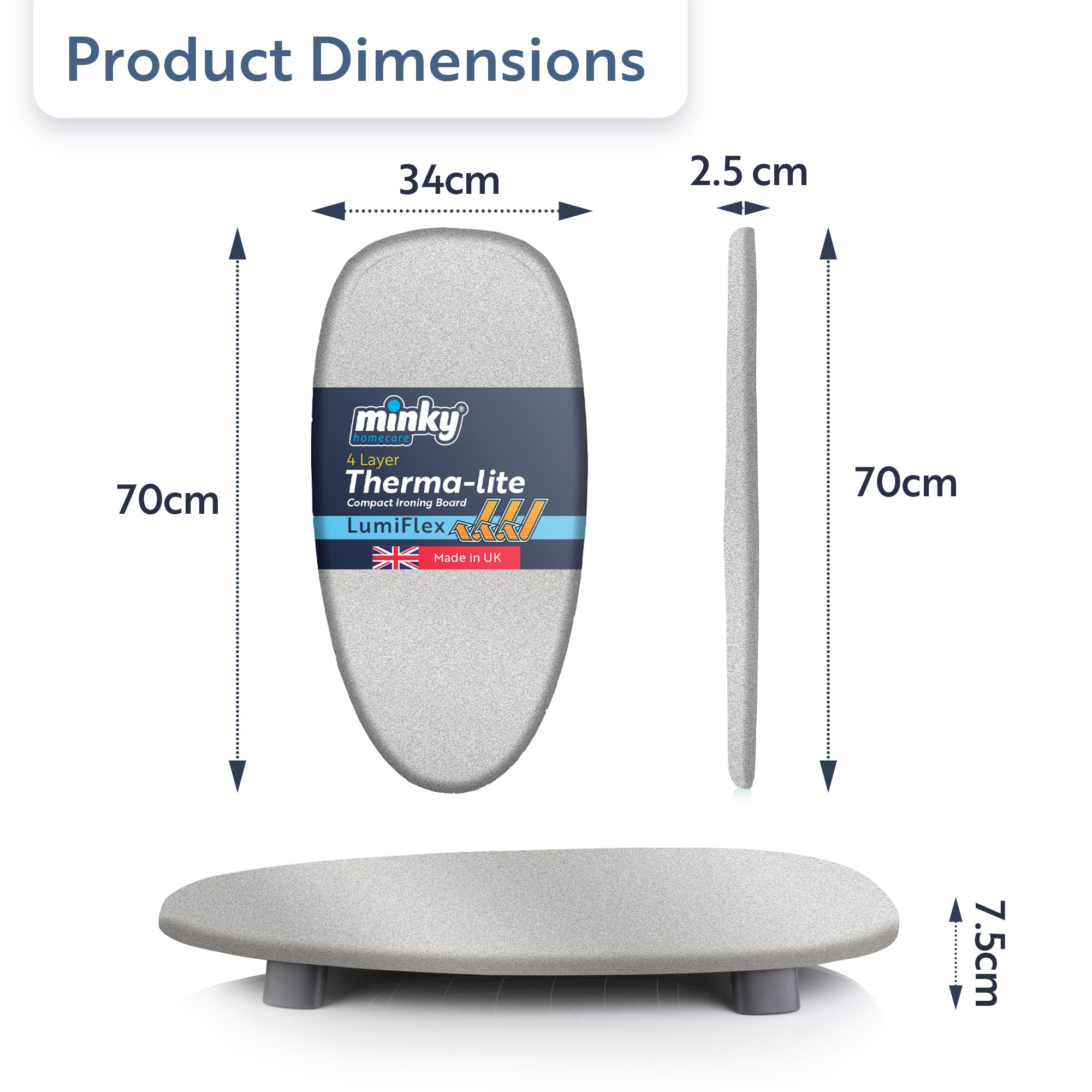 Minky LumiFlex Table à repasser 70 x 34 cm, pieds pliants, fabriquée au Royaume-Uni