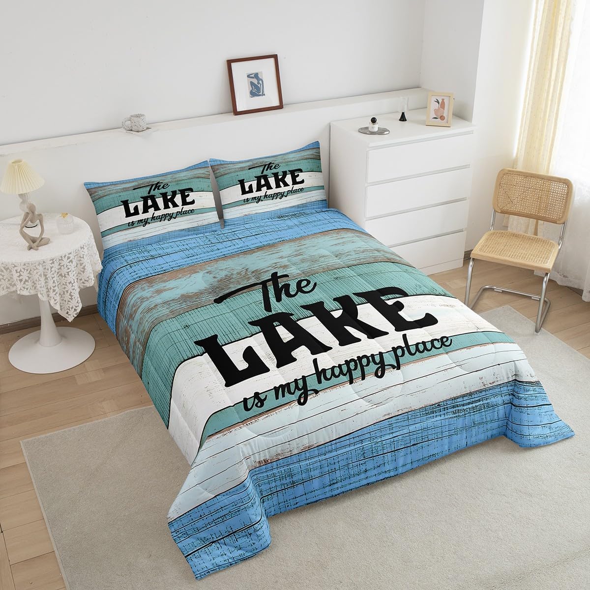 Erosebridal Lake House Comforter Set Rustic Farmhouse Bedding Comforter Sets, Lake Life Bedding Queen Size Vintage Wooden Planks Duvet Insert 3Pcs for Toddler Kids Boys Girls, Teal Turquoise