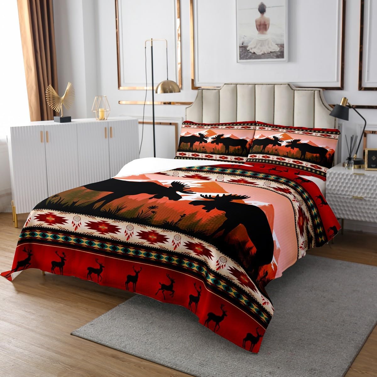 Deer Hunter Quilt Set King Southwestern Native Aztec Western Bedspread Set,Bohemian Dreamcatcher Coverlet Set Moose Reindeer Indian Tribal Geometric Bedding Set,Country Farmhouse Rustic Room Decor