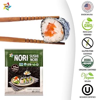 Kimnori Organic Roasted Seaweed Sushi Nori Sheets (10 sheets, 25g) Professional Grade Full Size Nori for Sushi & Kimbap California Crafted, Keto & Vegan Superfood USDA Organic, Non-GMO & Gluten-Free