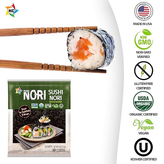 Kimnori Organic Roasted Seaweed Sushi Nori Sheets (10 sheets, 25g) Professional Grade Full Size Nori for Sushi & Kimbap California Crafted, Keto & Vegan Superfood USDA Organic, Non-GMO & Gluten-Free