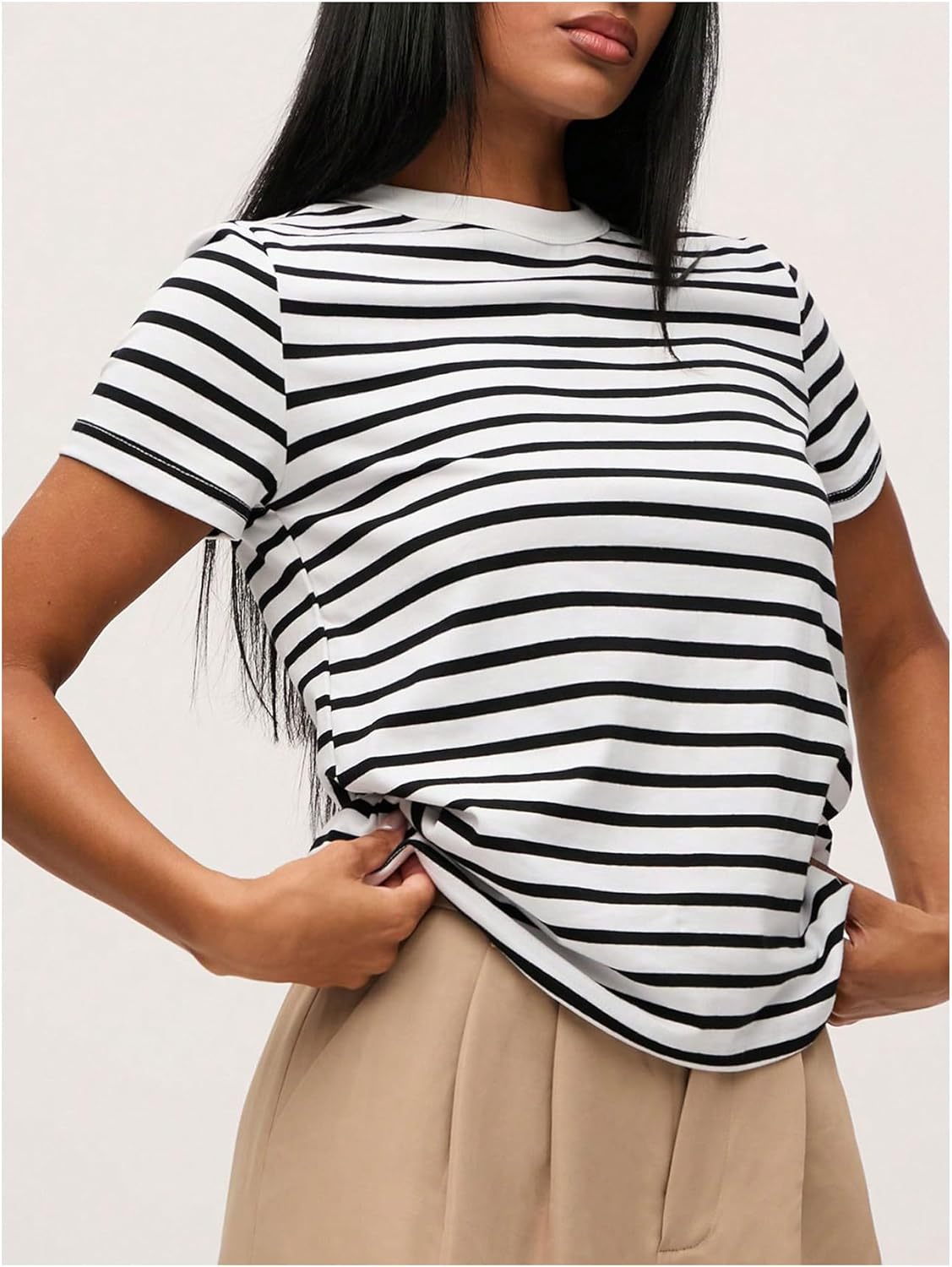 SweatyRocks Women's Striped Short Sleeve Tee Shirts Casual Crew Neck Tees Streetwear - Image 3
