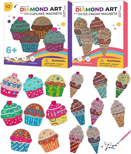 Combo de imanes de pintura de diamantes para cupcakes y helados, kits de pintura de diamantes para niños con calcomanías de pintura de diamantes y
