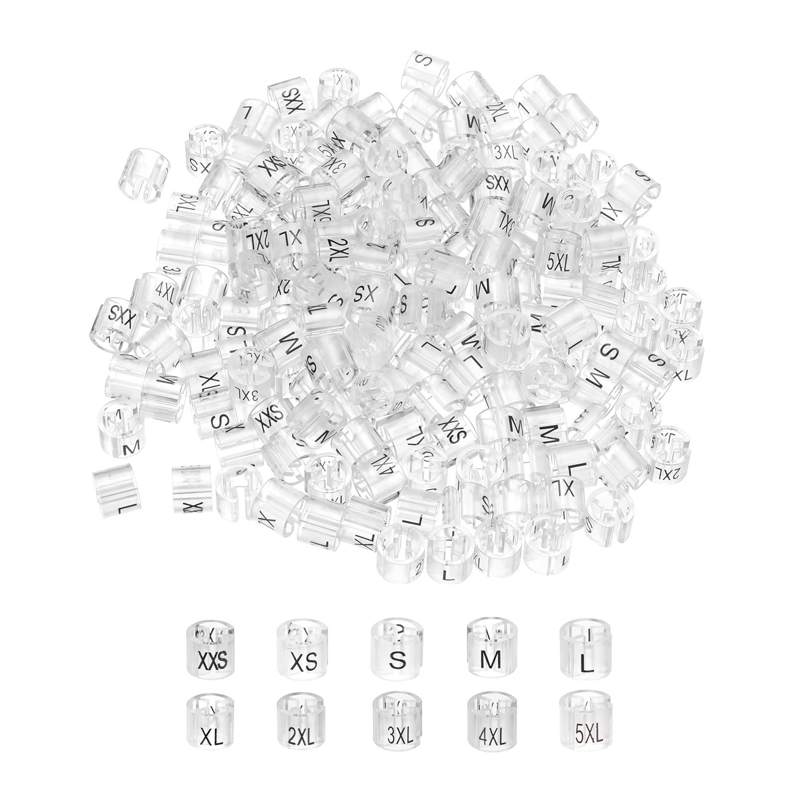 sourcing map Clothes Hanger Marker XXS/XS/S/M/L/XL/2XL/3XL/4XL/5XL Size Tag Fit 3mm Rod Transparent for Garment Clothing Color Coding, 250Pcs