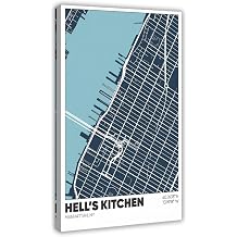 Hell's Kitchen Map, New York City, Manhattan NYC Neighborhood Poster Print for Teen Boys Room Wall Art Canvas Painting StyleFrame 12x18inch