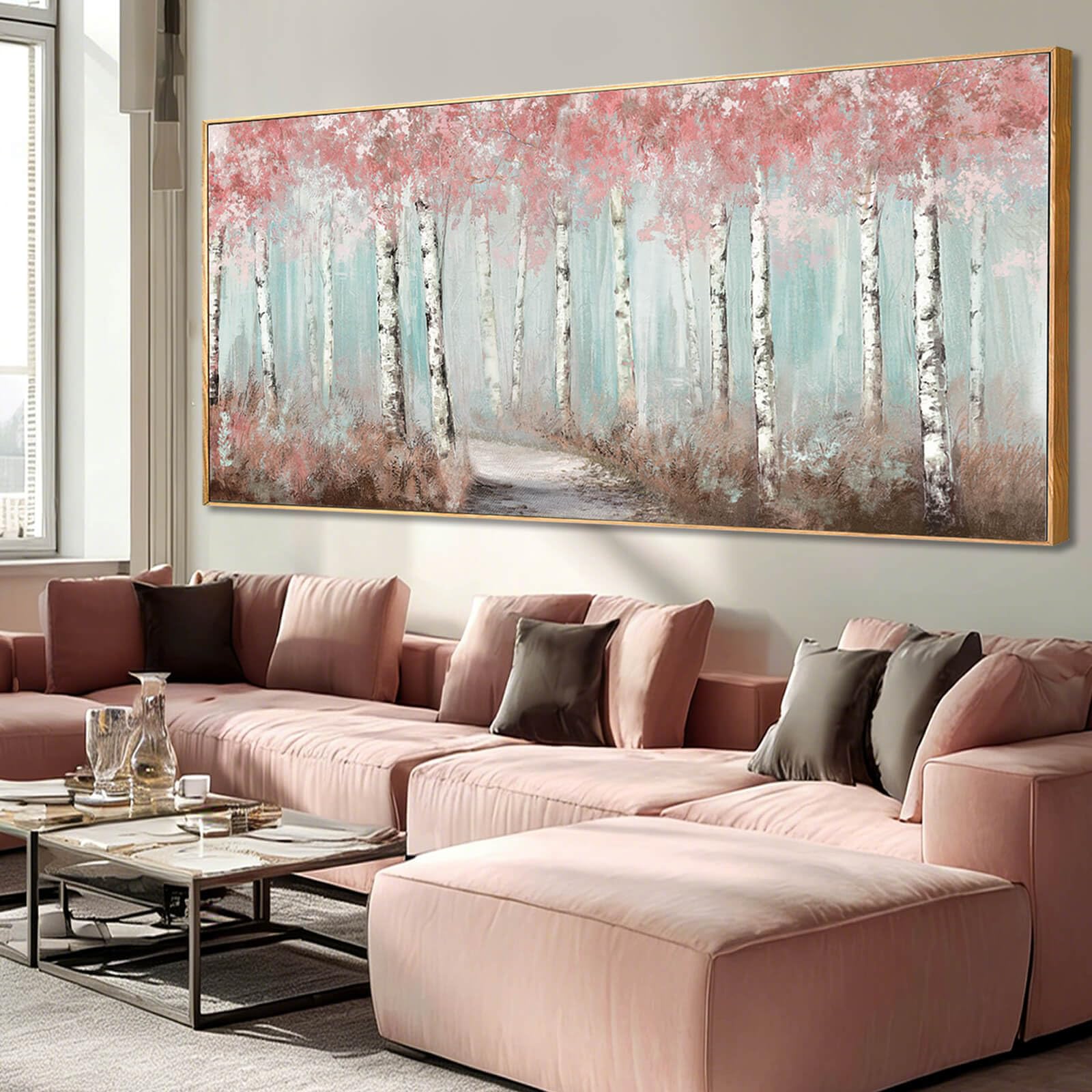 SDYA Large Pink Birch Tree forest Wall Art, Abstract Landscape Canvas Wall Decor Artwork, Soft Pastel Nature Pictures for Living Room Bedroom Dining Room Home Decor