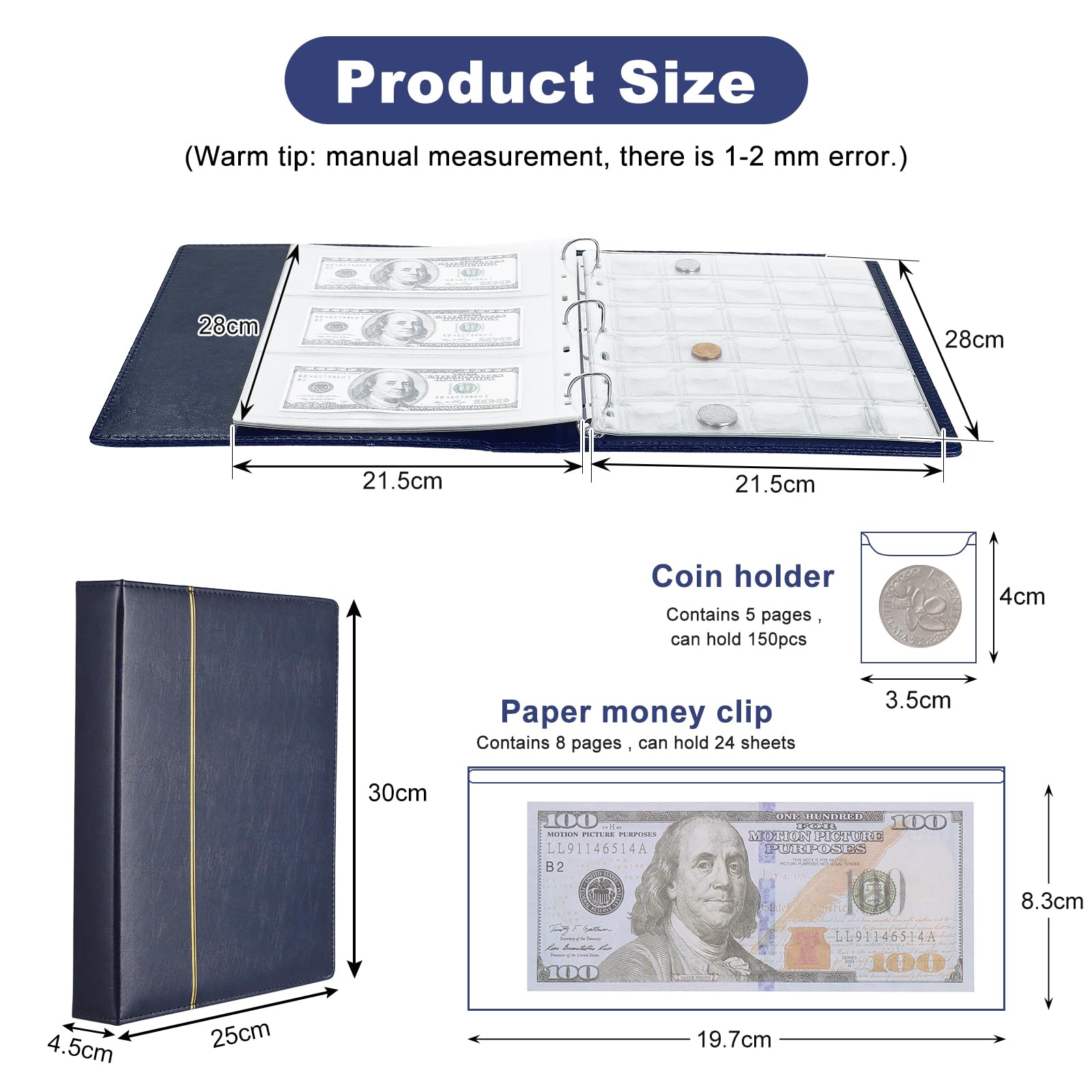 Album de Collection de Pièces de Monnaie à 150 Pochettes Classeur Pieces de Monnaie und 24 Pochettes Classeur Collection Billets, Album de Rangement pour Pièces de Monnaie, Billets (bleu)