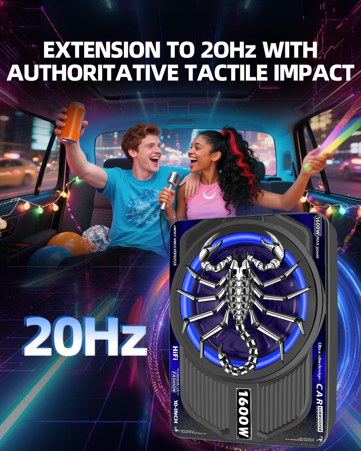 2026 Upgraded 1600W Slim Underseat Car Subwoofer and Amp Package with RGB Beat-Synced Light, Built-in Class D Amplifier, Low Pass/Gain/Bass Boost Control, Deep Subsonic Bass for Truck SUV Jeep