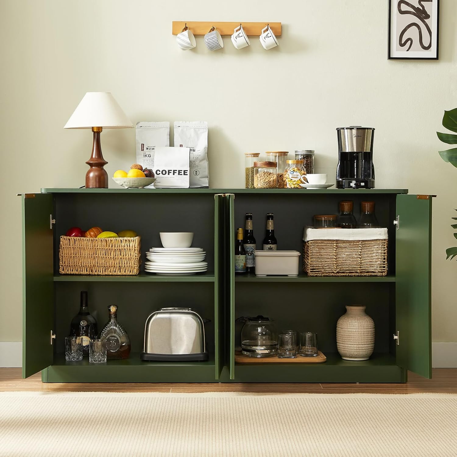 59-inch Modern Wavy Sideboard, Curved Contour Design Storage Cabinet, 4-Door Cabinet with Storage Function, Suitable for Kitchen/Bedroom/Living Room, Green, 59.0" L x 15.7" W x 27.7" H