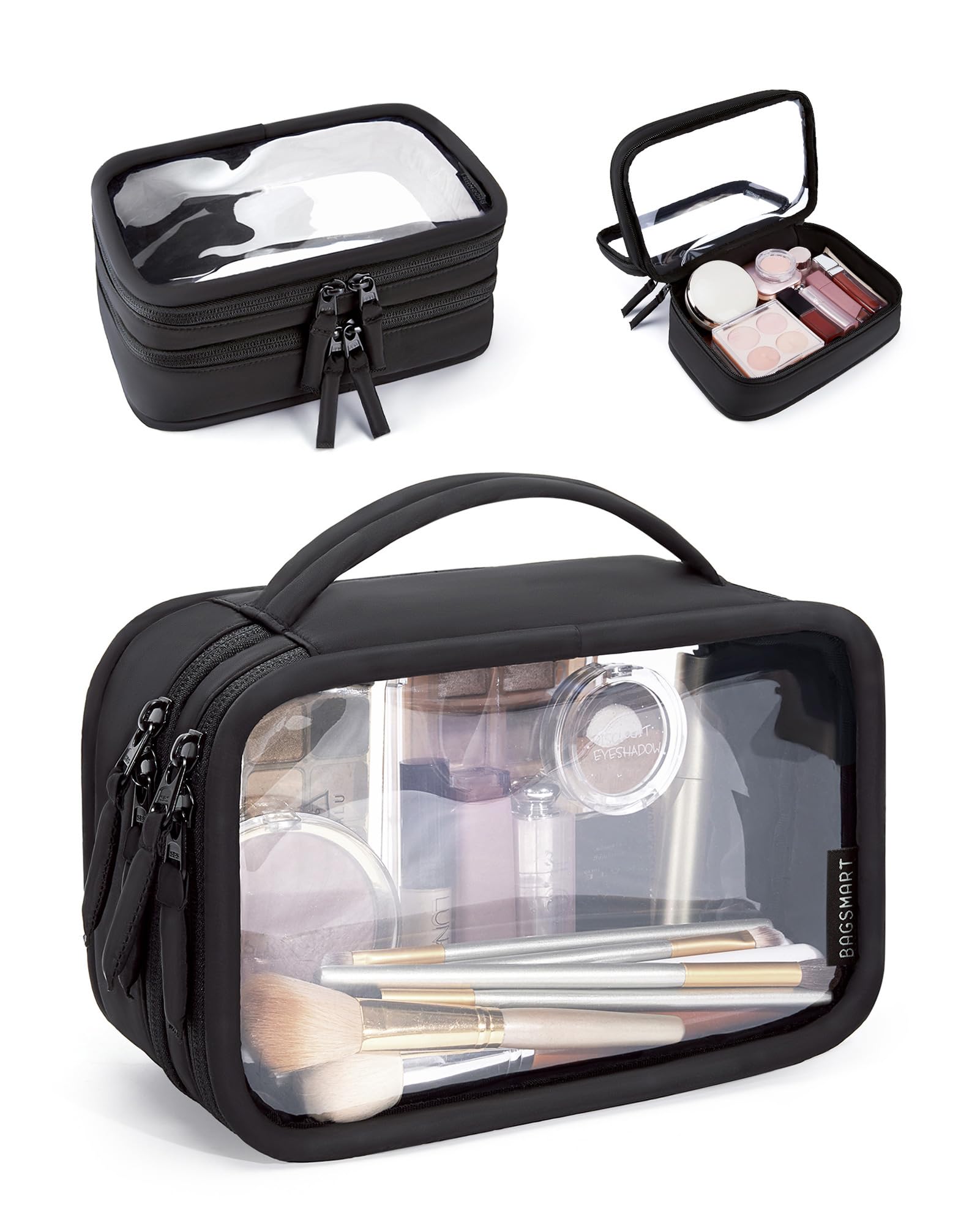 BAGSMART Double Layer Clear Makeup Bag, TSA-Approved Toiletry Bag, Large Opening with Handle, Cute Water-Resistant Travel Cosmetic Bag with Double