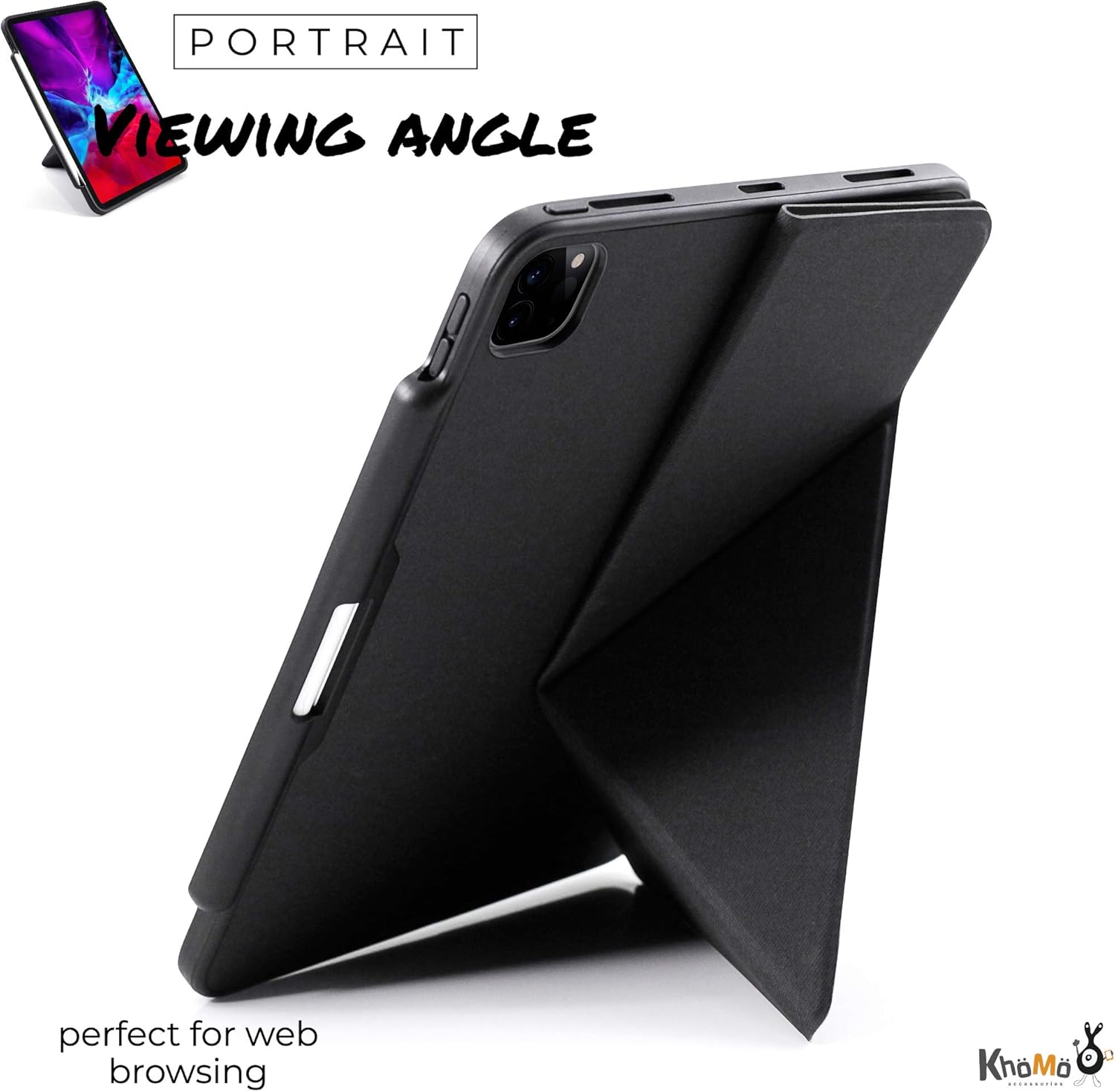 One-Day Sale: Up to 50% Off KHOMO iPad Case Pro 11 Case 2nd Generation 2020 with Pencil Holder - Dual Origami Series - Horizontal and Vertical Stand - Supports Apple Pen Charging - Charcoal Black (KHO-1682)