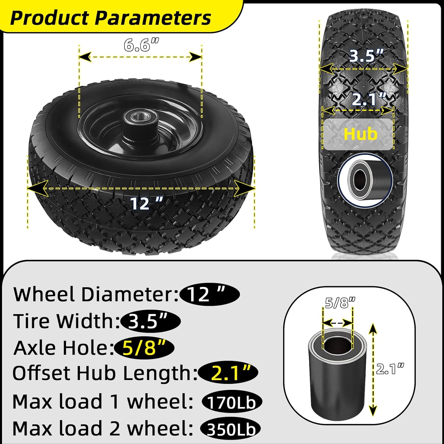 12'' Flat Free Tires Rubber Replacement Solid Tire, 2.1" Offset Hub Wheel Assemblies for Garden Cart Wheelbarrow, 3.5" Wide Polyurethane Tires with 5/8 Inch Axle Bore Hole (410/350-6)