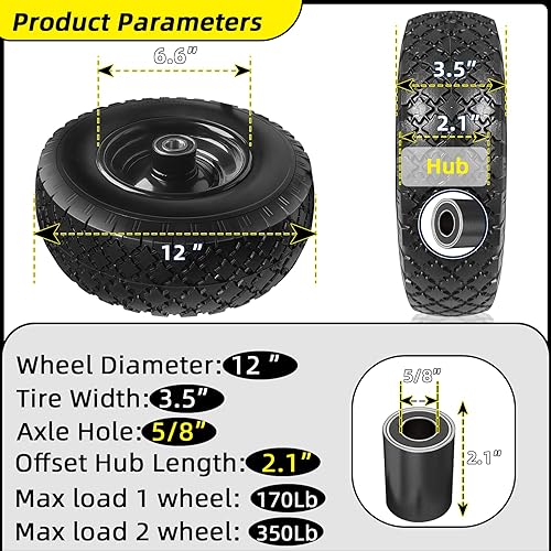 Miniatura 3 de Kavedodu Neumático sólido de repuesto de goma de 12 pulgadas, ensamblajes de rueda de cubo de desplazamiento de 2.1 pulgadas para carretilla de