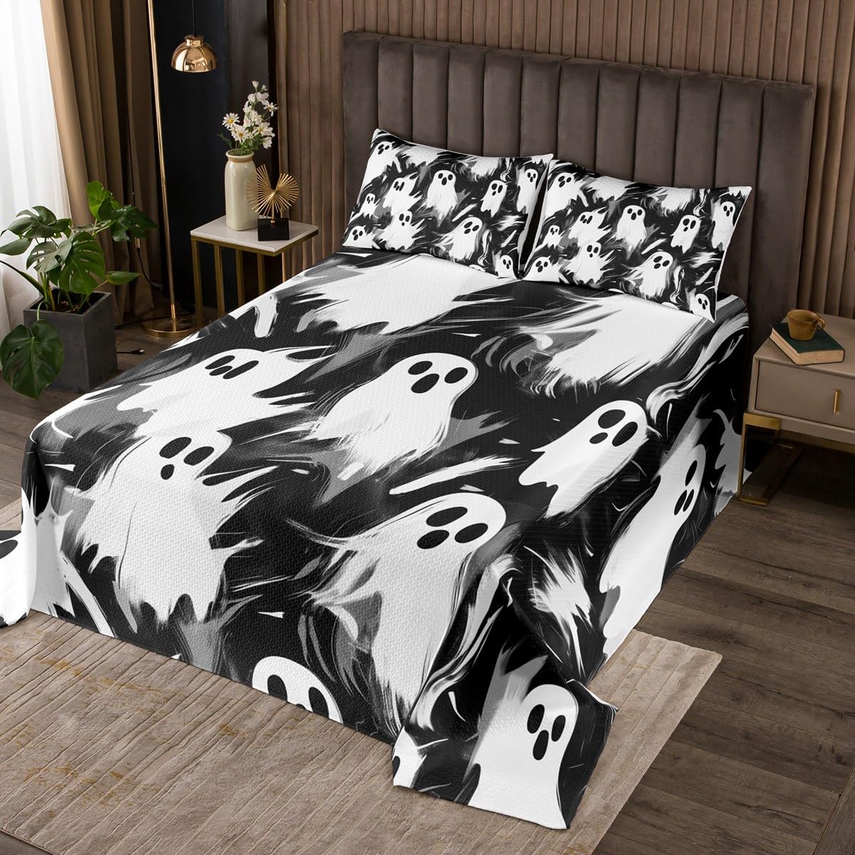 jejeloiu Boys Girls Halloween Coverlet Set Twin Size, Cute Ghost Quilted Coverlet Ghost Festival Bedspread Kids Cartoon Teens Quilted Bedroom Decor with 1 Pillow Case