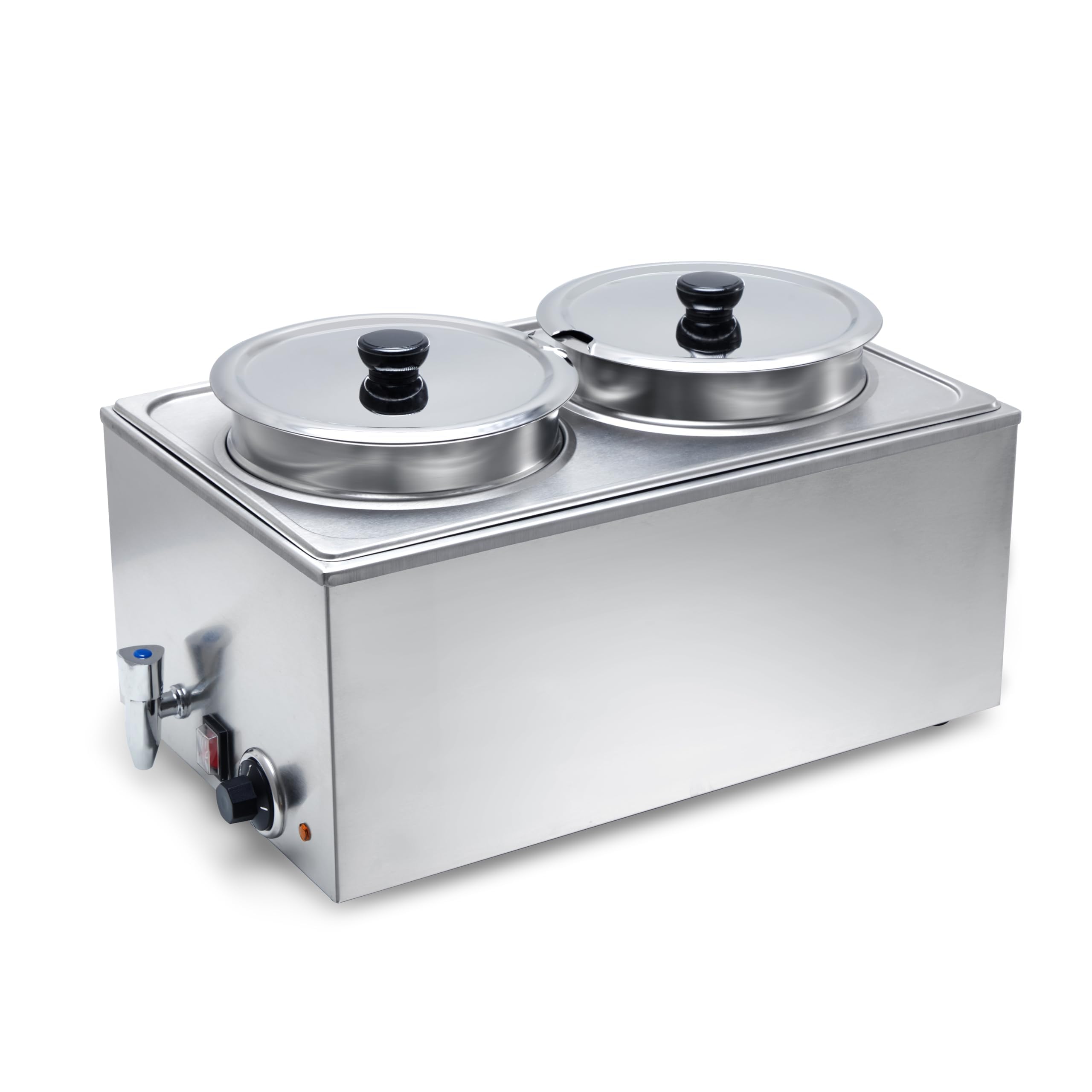 SYBO Food Warmer Steam Table Easy to Clean Commercial Grade Stainless Steel Bain Marie Buffet for Catering and Restaurants ETL, CE ROHS Certified for Commercial, Safety (2 Round Pots with Tap)