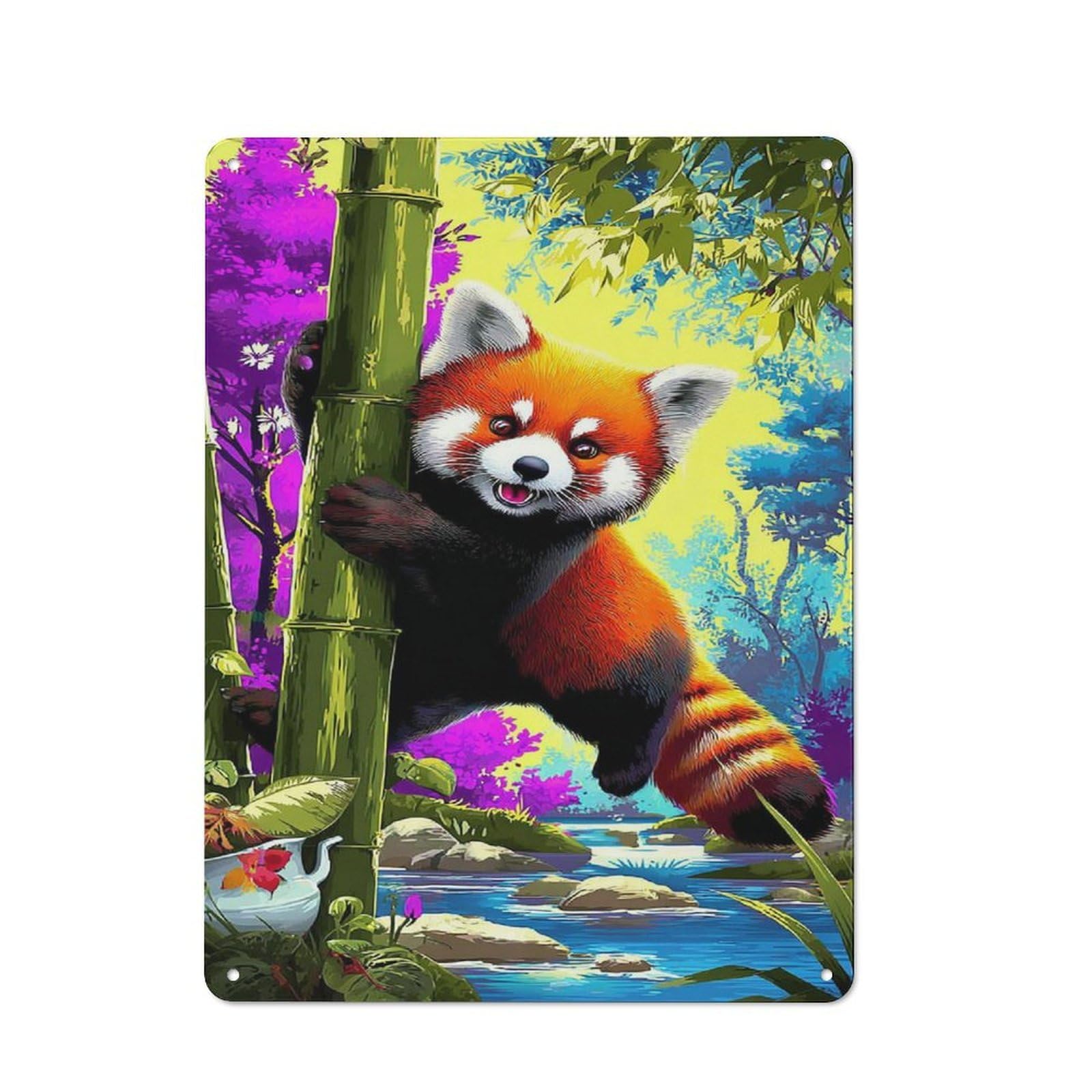 Junmoney Red Panda In Bamboo Forest For Bar Or Restaurant, Retro Metal Plaque 40X30cm, A Decorative Christmas Gift For Hospitality Decor Collectors