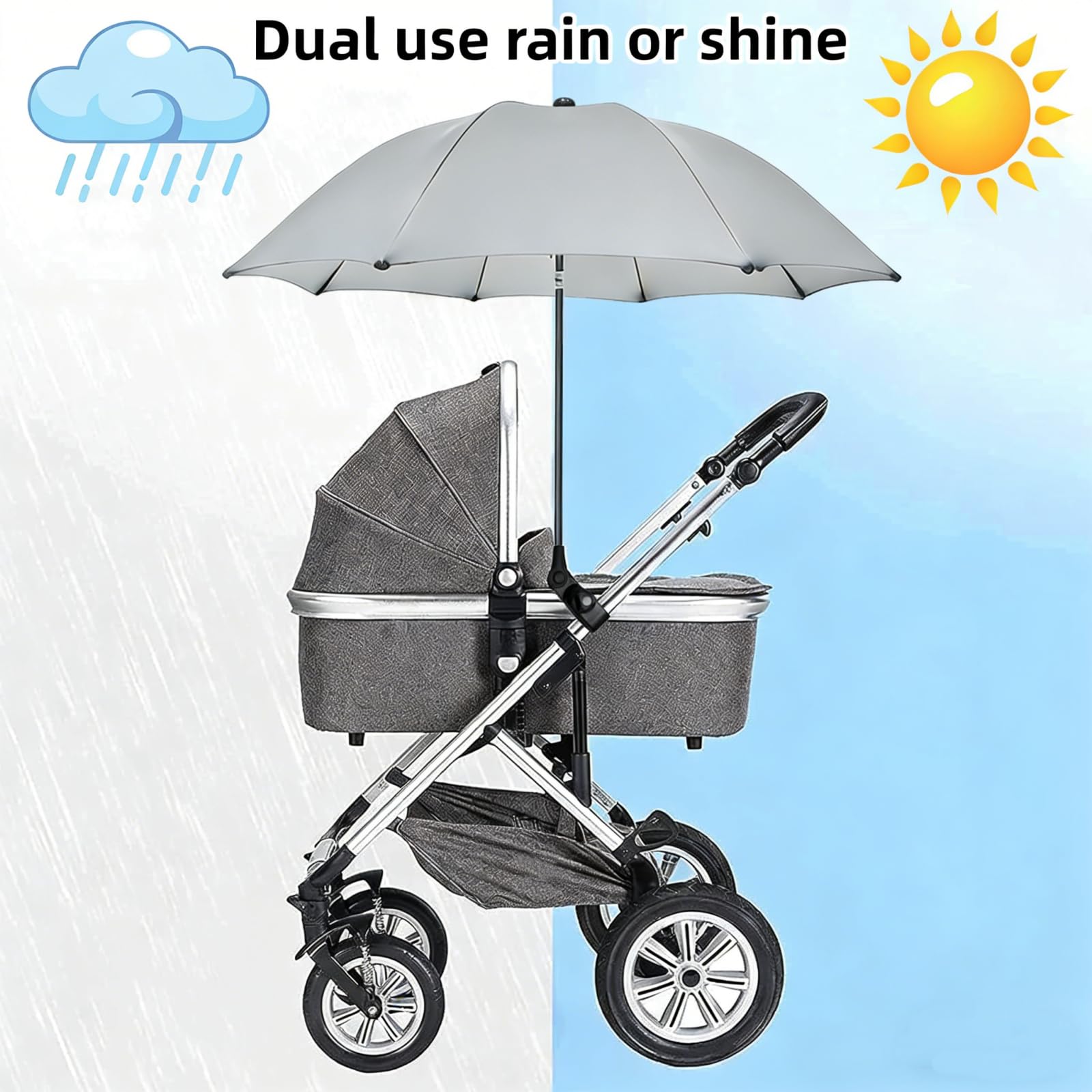 Ombrellino Passeggino Universale, Ombrellino Parasole Passeggino Anti UV 50+, Ombrello Parasole Passeggino con Un Manico, Ombrellone per Passeggino per Carrozzina e Passeggino-Grigio