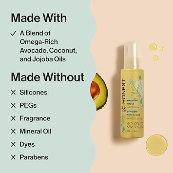 The Honest Company Fragrance-Free Moisturizing Body Oil, Nourish Soothe Baby's Skin, Plant-Based, Hypoallergenic Vegan, 4.0 fl oz
