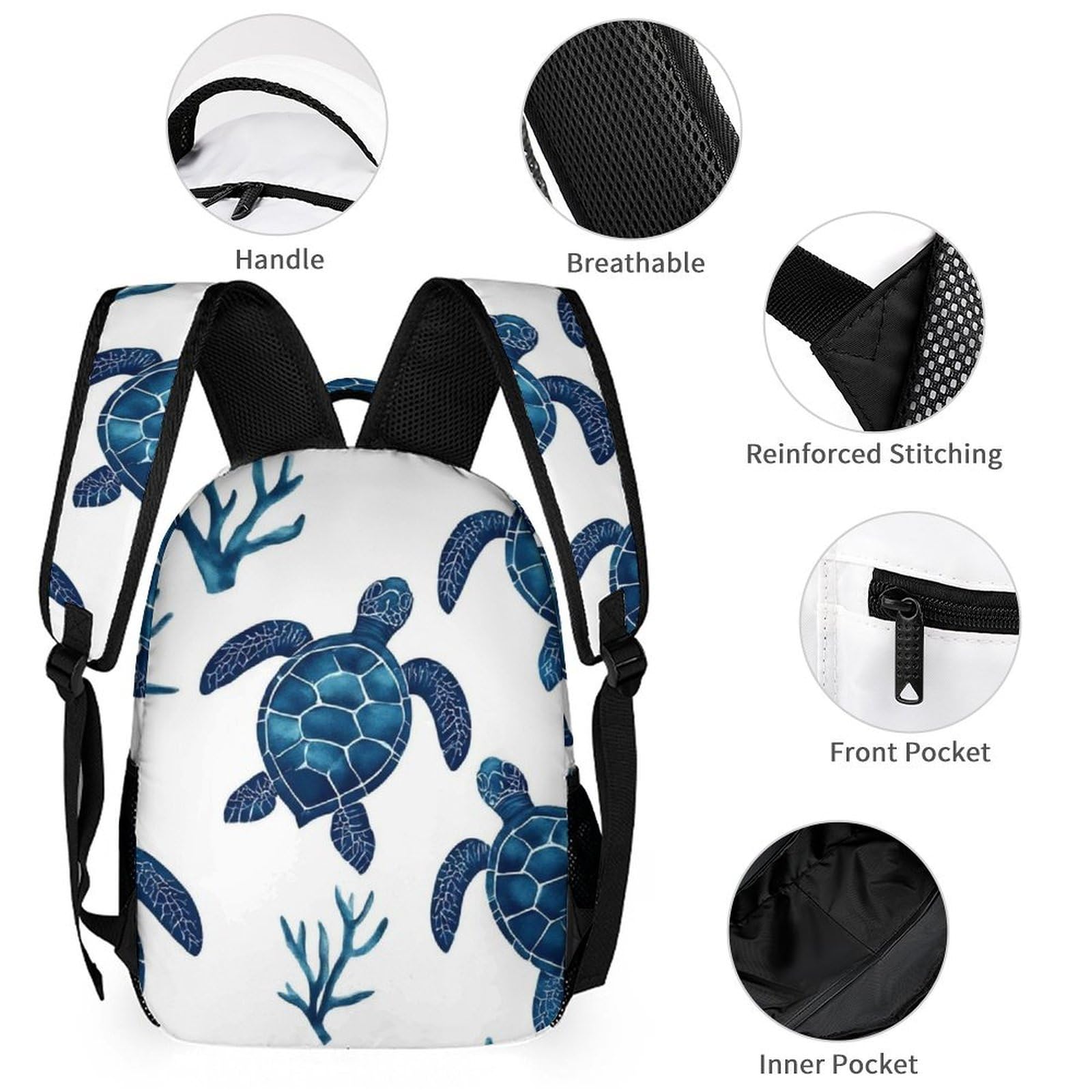 Sac à dos léger avec boîte à lunch, sac de rangement, ensemble tortues marines et maquillage