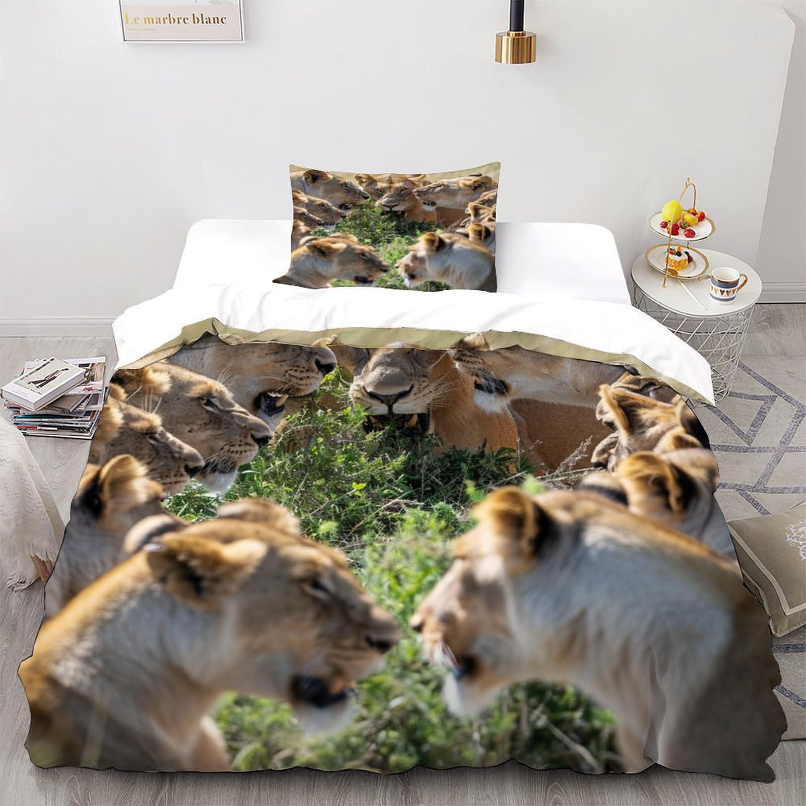 Housse de couette lion anti-plis en microfibre hypoallergénique lit 1 place