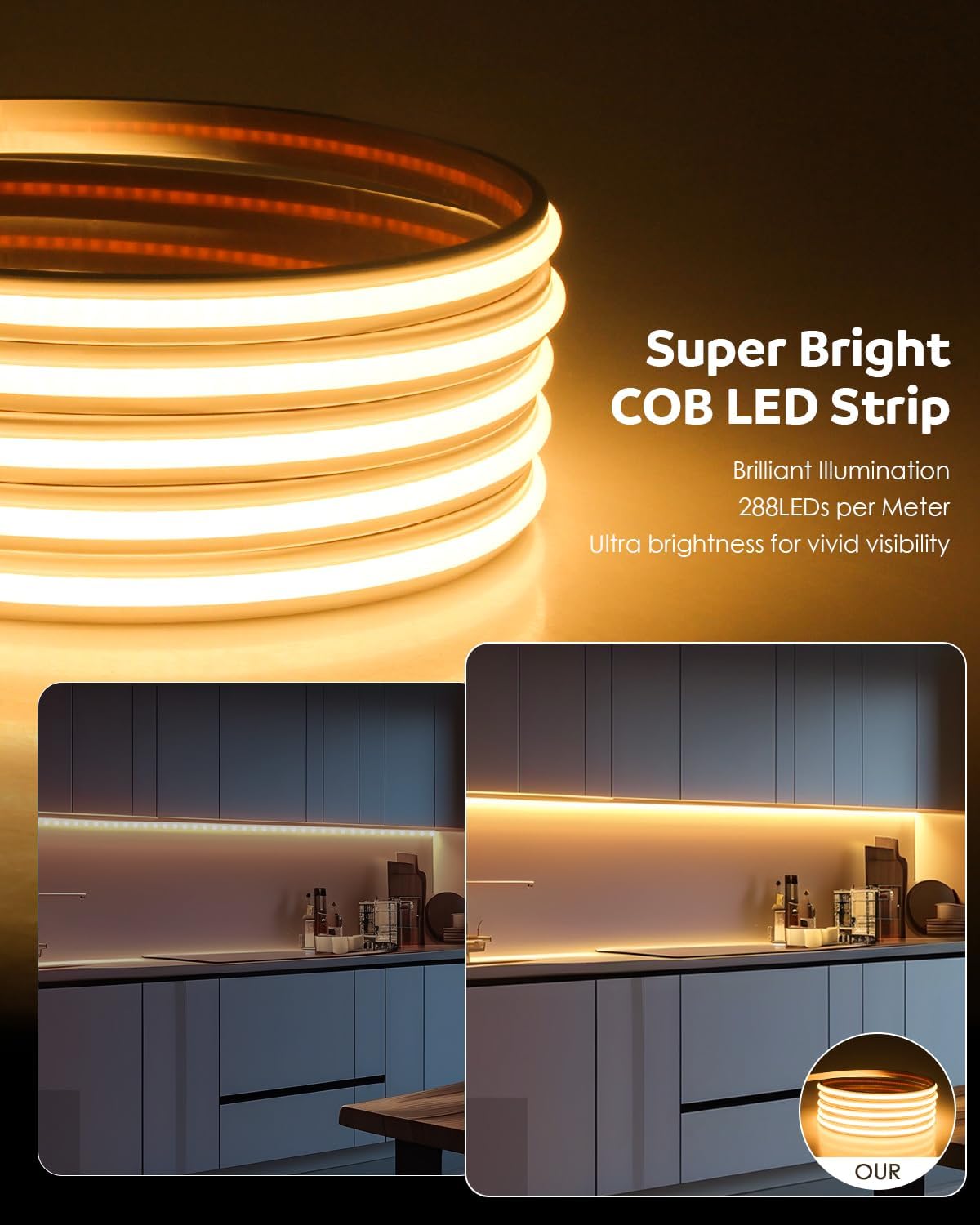 Aclorol Outdoor LED Strip Lights Waterproof 150ft 1 Roll AC 110V 120V COB LED Rope Light Strip with Strong Self-Adhesive for for Indoor Outdoor Home Commercial Lighting Warm White 3000K 288led/M