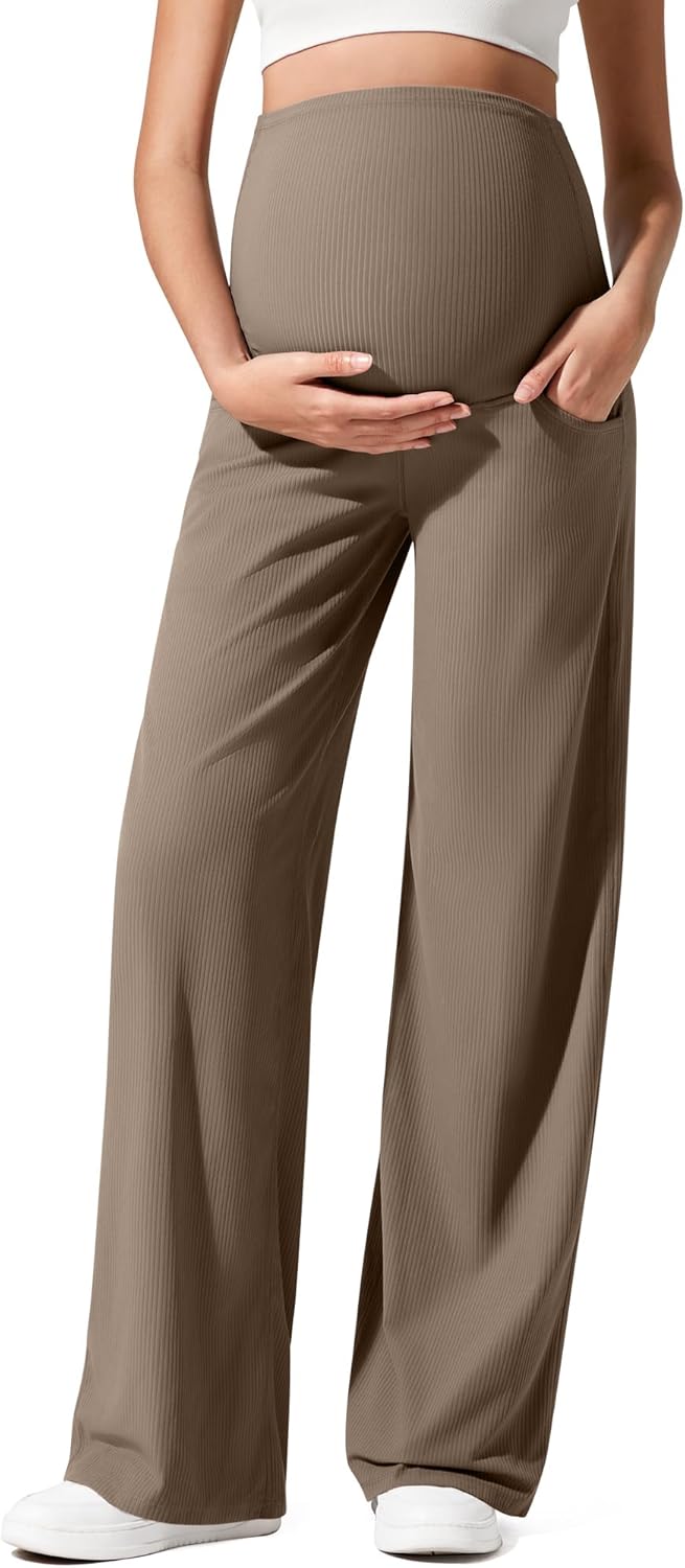 G4Free Ribbed Maternity Yoga Pants with Pockets Over The Belly Wide Leg Casual Pregnancy Lounge Trousers