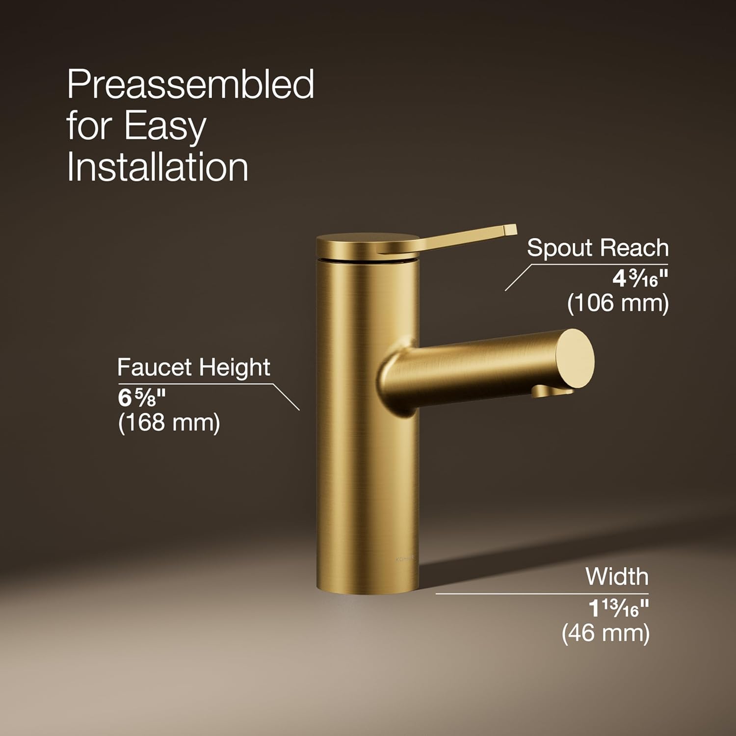 Diagram showing faucet dimensions: Spout Reach 4 3/16 inches, Faucet Height 6 5/8 inches, Width 1 13/16 inches.