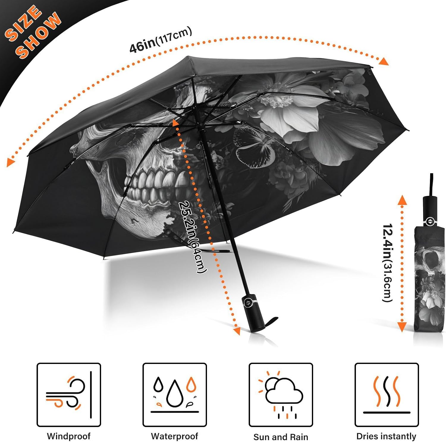 UPF 50+ Large Travel Umbrella Skull Flowers Art Compact for Rain and Sun - One-Click Automatic Open and Close - Windproof Portable 46” Sun Umbrella