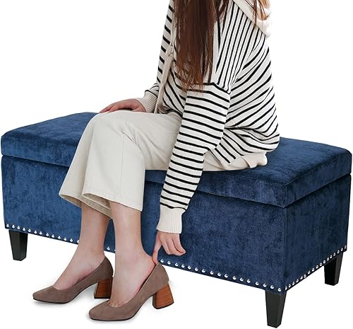 Miniatura 10 de Joveco Banco otomano de almacenamiento, taburete rectangular copetudo, mesa de centro para sala de estar y dormitorio (hojas)