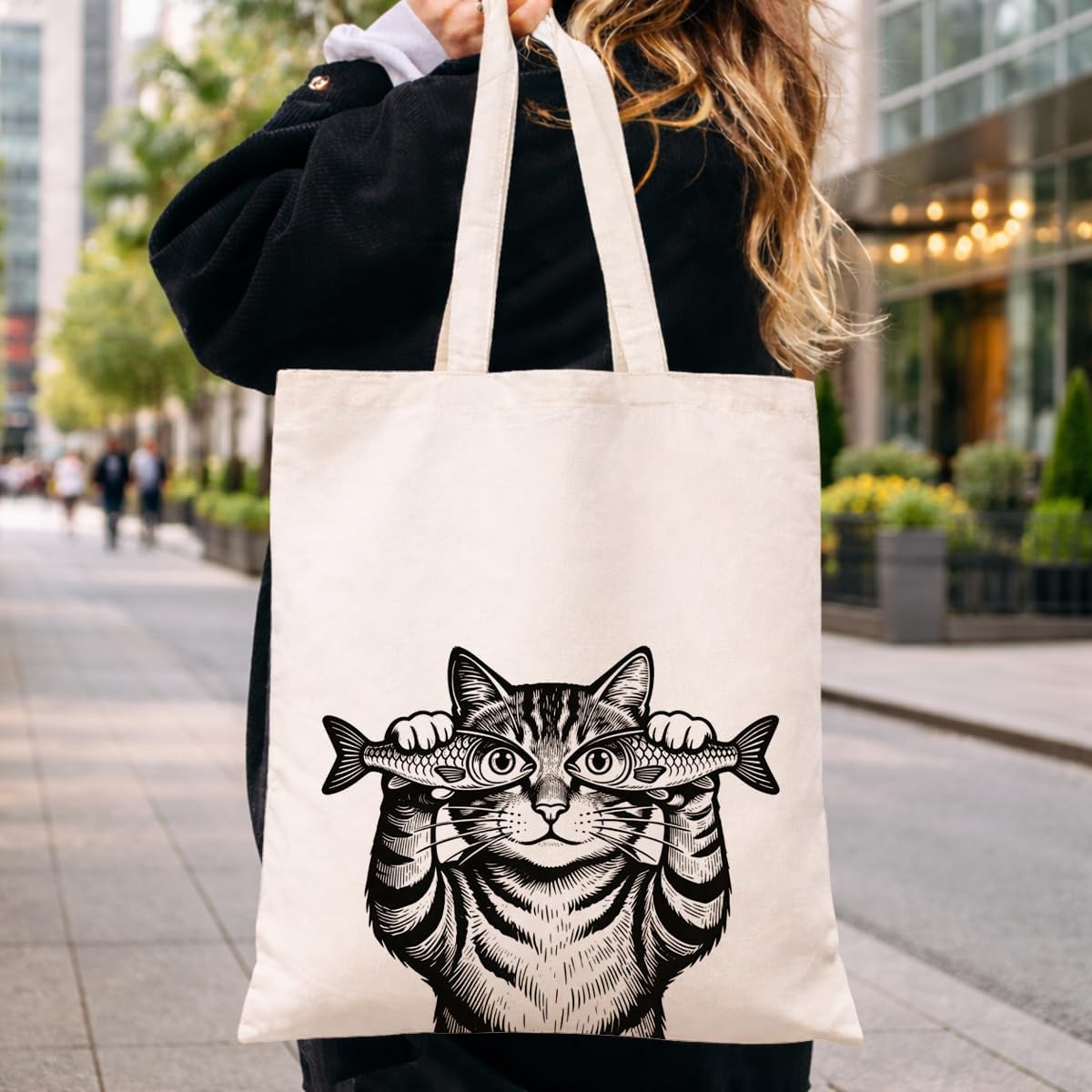 Funny Cat with Fish Eyes Canvas Tote Bag, Reusable Whimsical Shoulder Bag, Vintage Carryall for Daily Shopping Library Travel Commute Beach