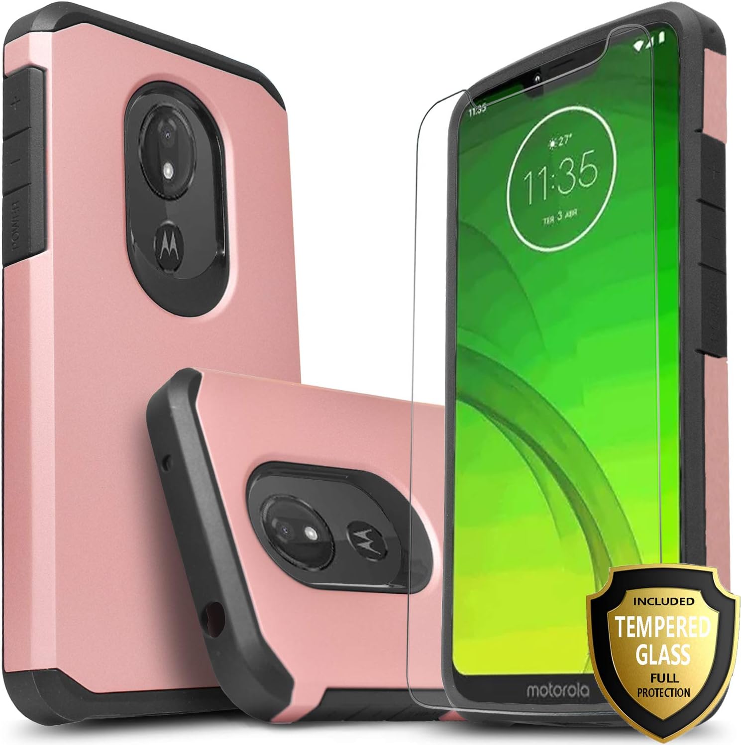 Moto G7 Power Case, Moto G7 Supra Case, Moto G7 Optimo Maxx Case, Included [Tempered Glass Screen Protector], STARSHOP Drop Protection Dual Layers Impact Rugged Protective Phone Cover - Rose Gold