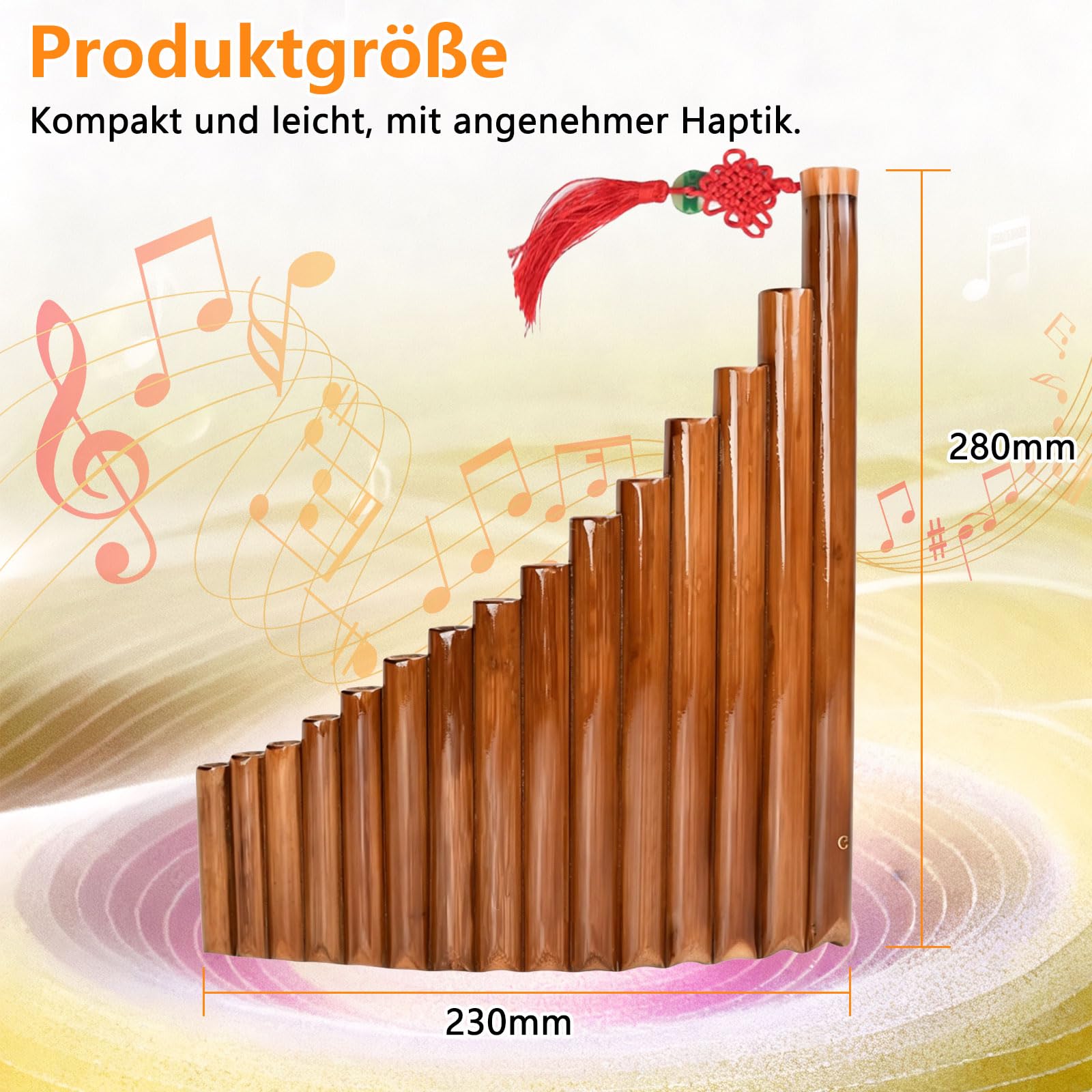 Panflöte 15 Pfeifen, Instrument Aus Bambus, G-Ton, Rechte Hand | mit Umhängeband, Reinigungstuch, Reinigungsstift und Aufbewahrungsbeutel, für Anfänger, Musikinstrumente