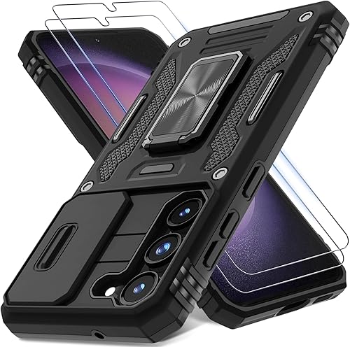 DEERLAMN Funda para Samsung Galaxy S23 con cubierta deslizante para cámara + protector de pantalla (2 paquetes), soporte giratorio magnético,