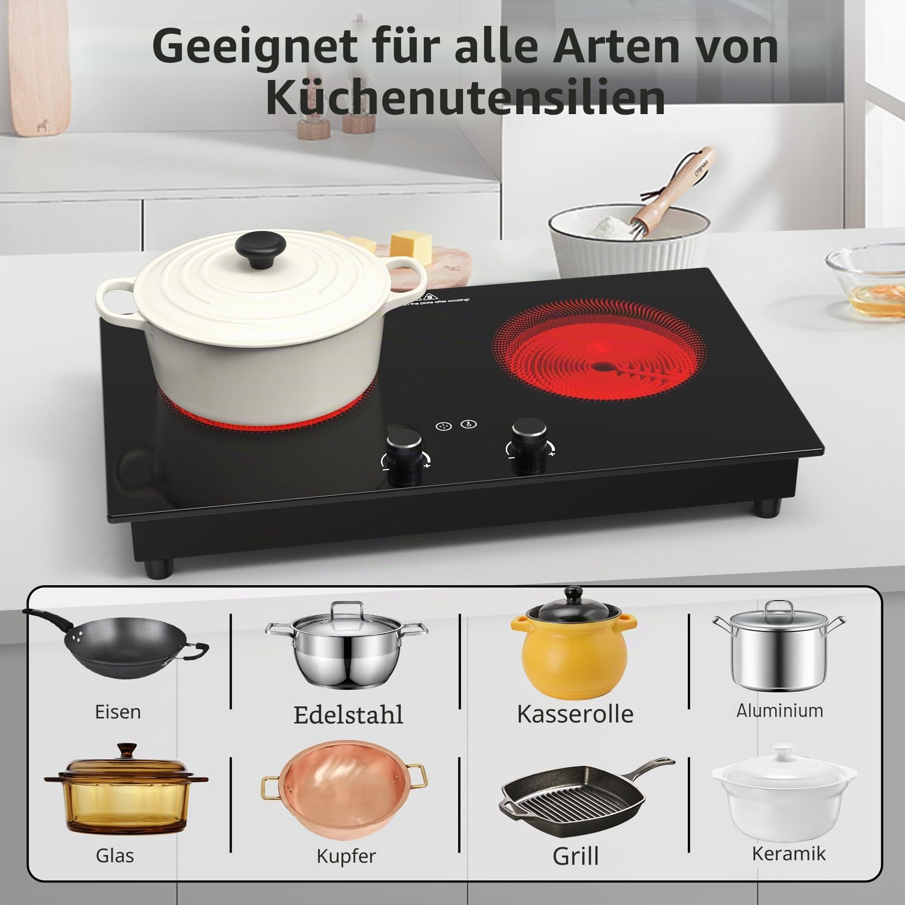 VBGK Elektroherd, 3600 W Glaskeramikkochfeld 2 Platten, Arbeitsplatte und integrierte Kochplatte mit Kindersicherung, Timer, LED-Touch-Knopfsteuerung, Überhitzungsschutz